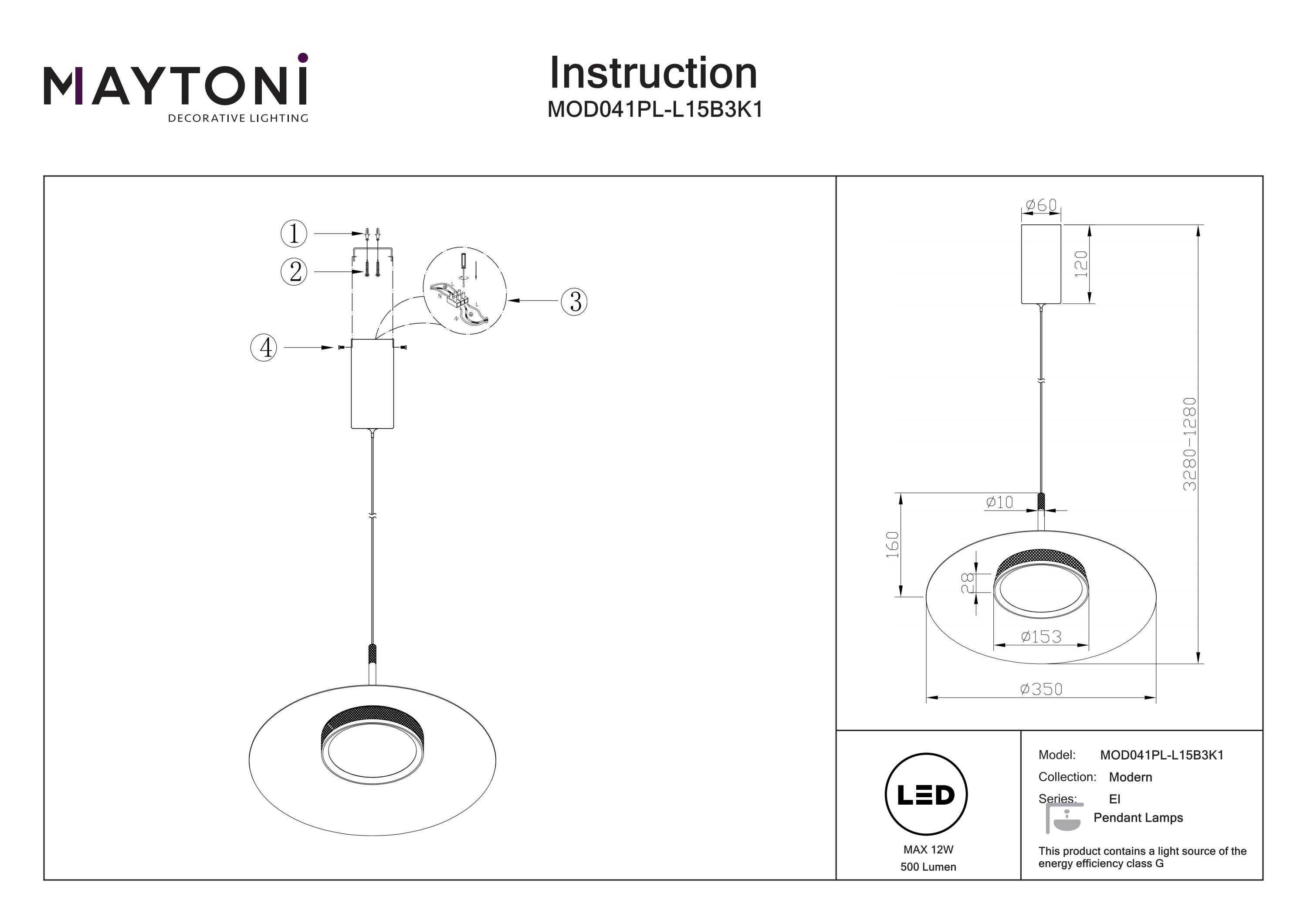 Corp de iluminat suspendat El, Aluminiu Negru, 12W, MAYTONI MOD041PL-L15B3K1 [7]
