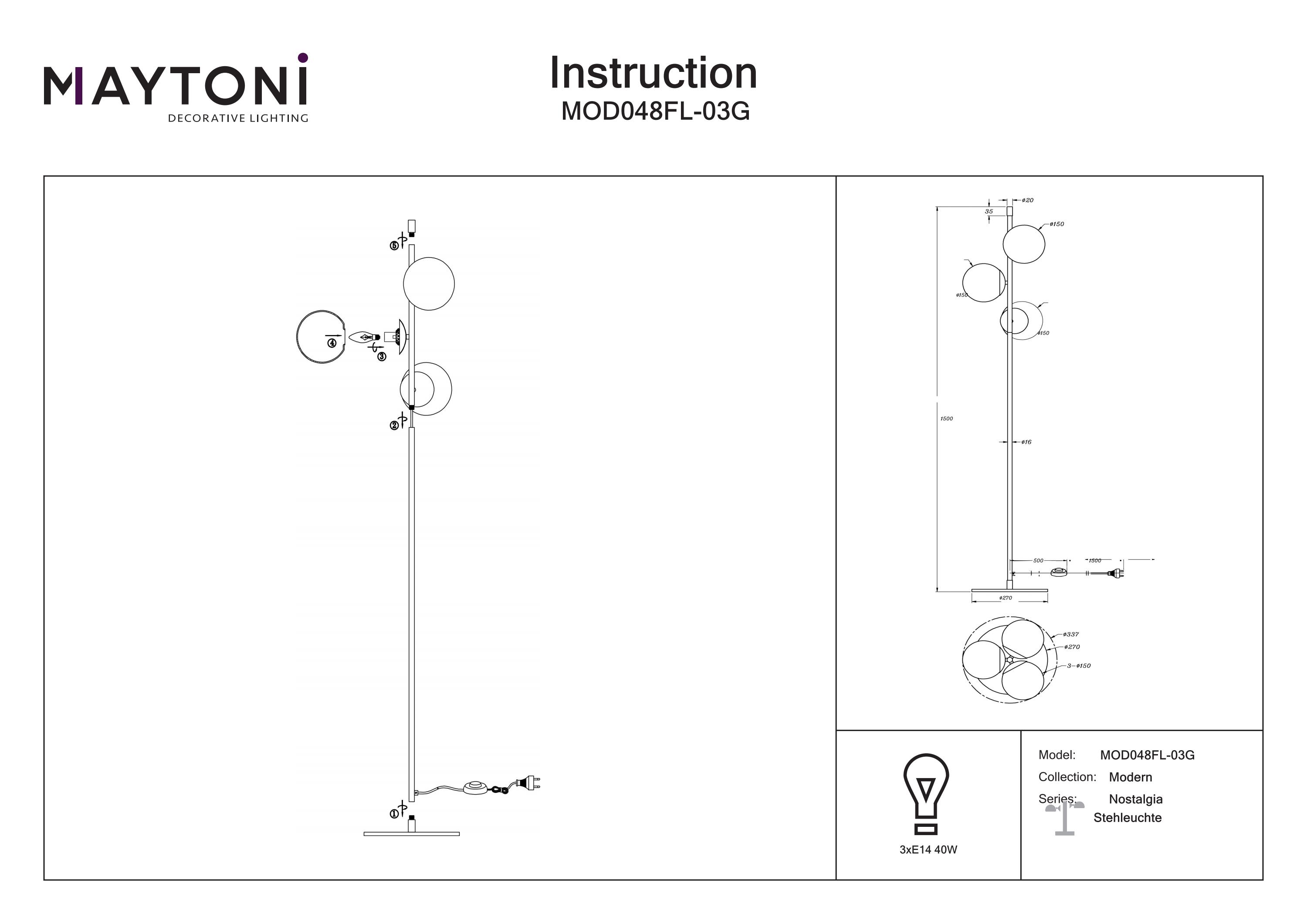 Lampadar Nostalgia, Metal Negru și auriu, 40W, MAYTONI MOD048FL-03G [6]