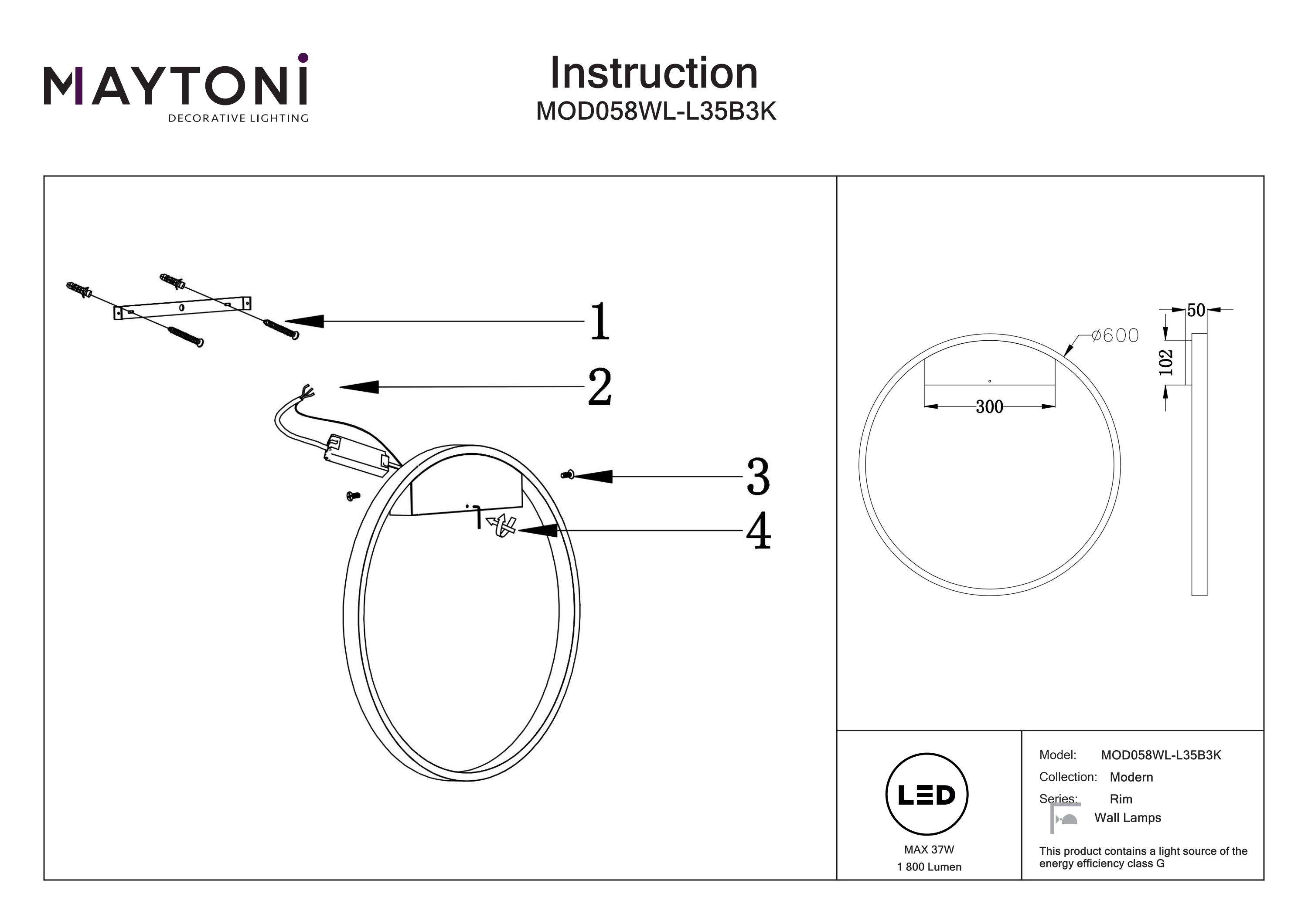 Aplică de perete Rim, Aluminiu Negru, 37W, MAYTONI MOD058WL-L35B3K [3]