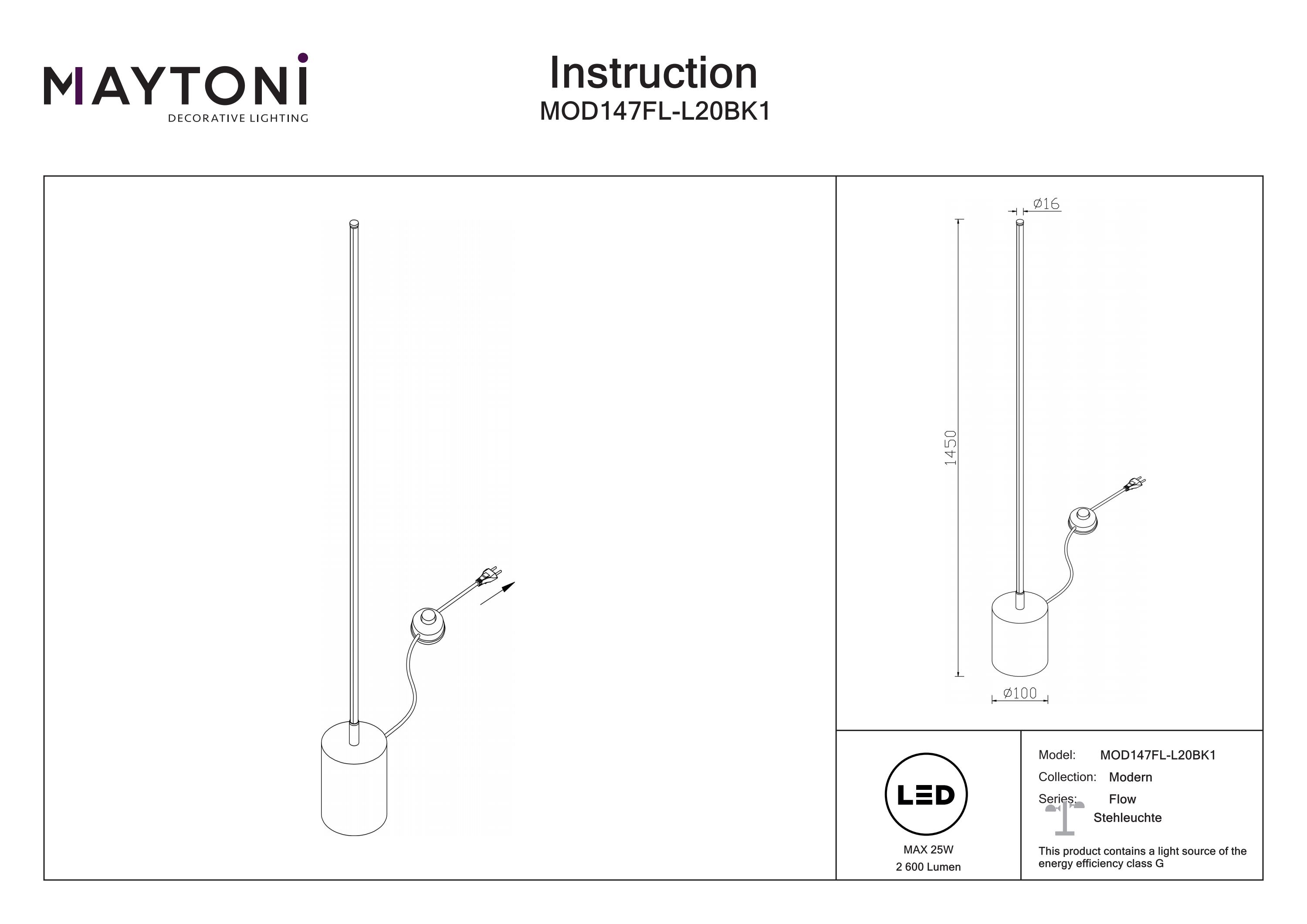 Lampadar Flow, Metal Negru, 25W, MAYTONI MOD147FL-L20BK1 [3]