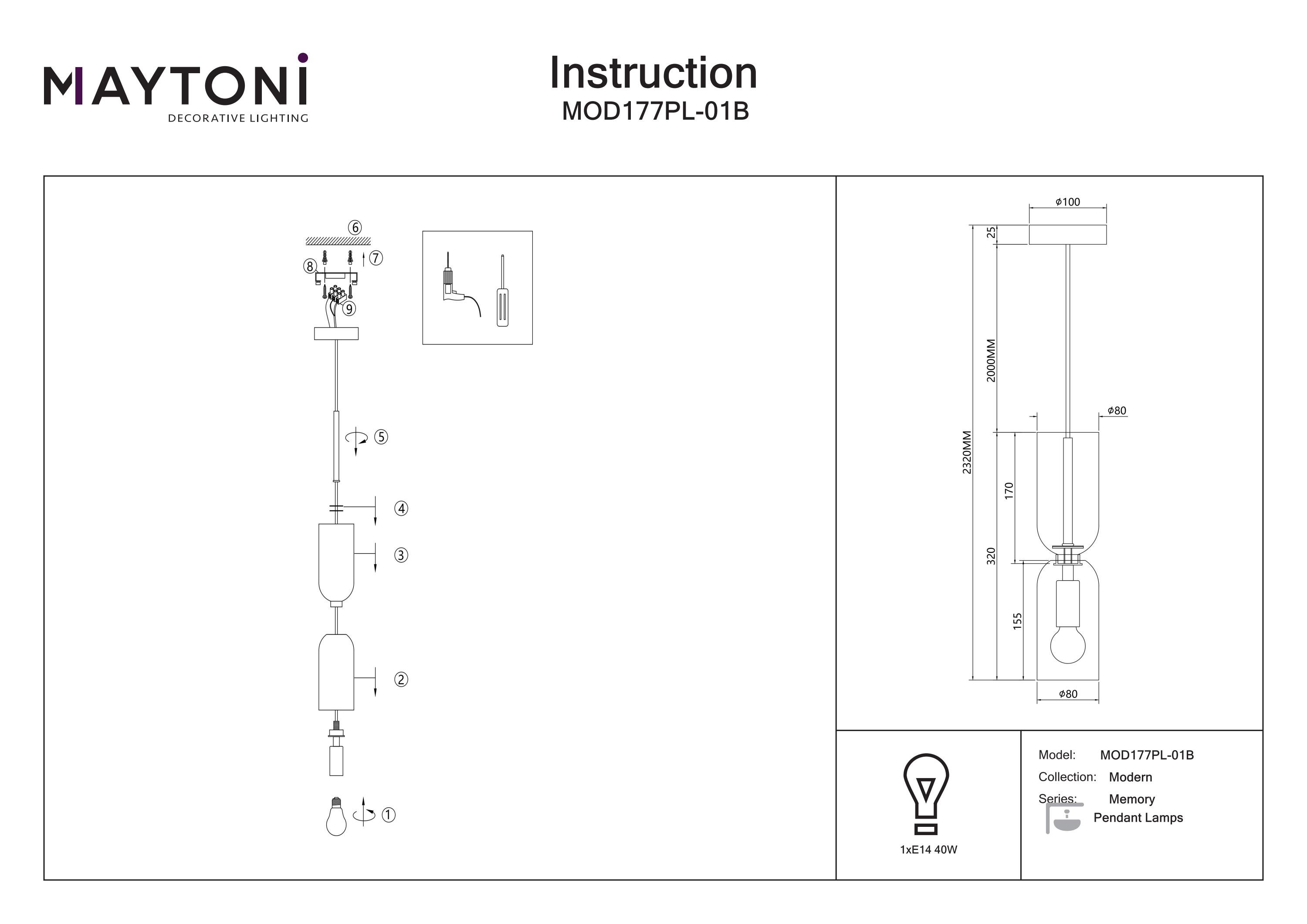 Corp de iluminat suspendat MEMORY, Metal Negru, 40W, MAYTONI MOD177PL-01B [6]