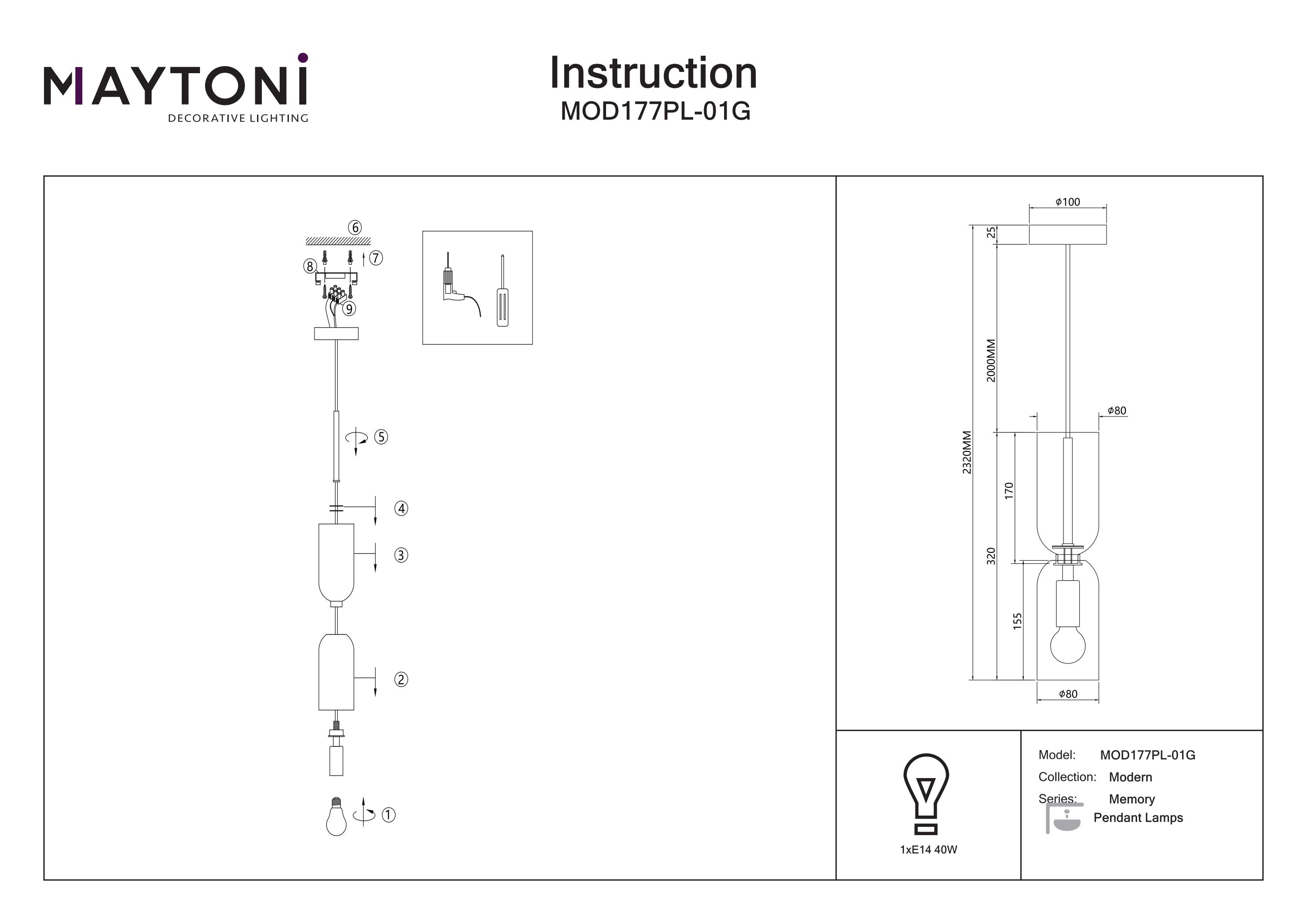 Corp de iluminat suspendat MEMORY, Metal Negru, 40W, MAYTONI MOD177PL-01G [6]