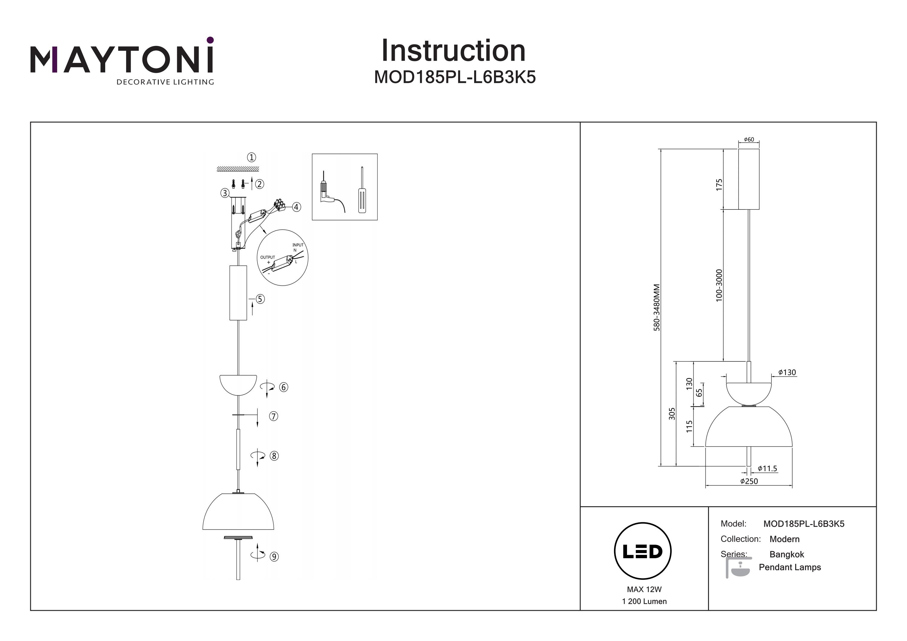 Corp de iluminat suspendat Bangkok, Metal Negru, 12W, MAYTONI MOD185PL-L6B3K5 [3]
