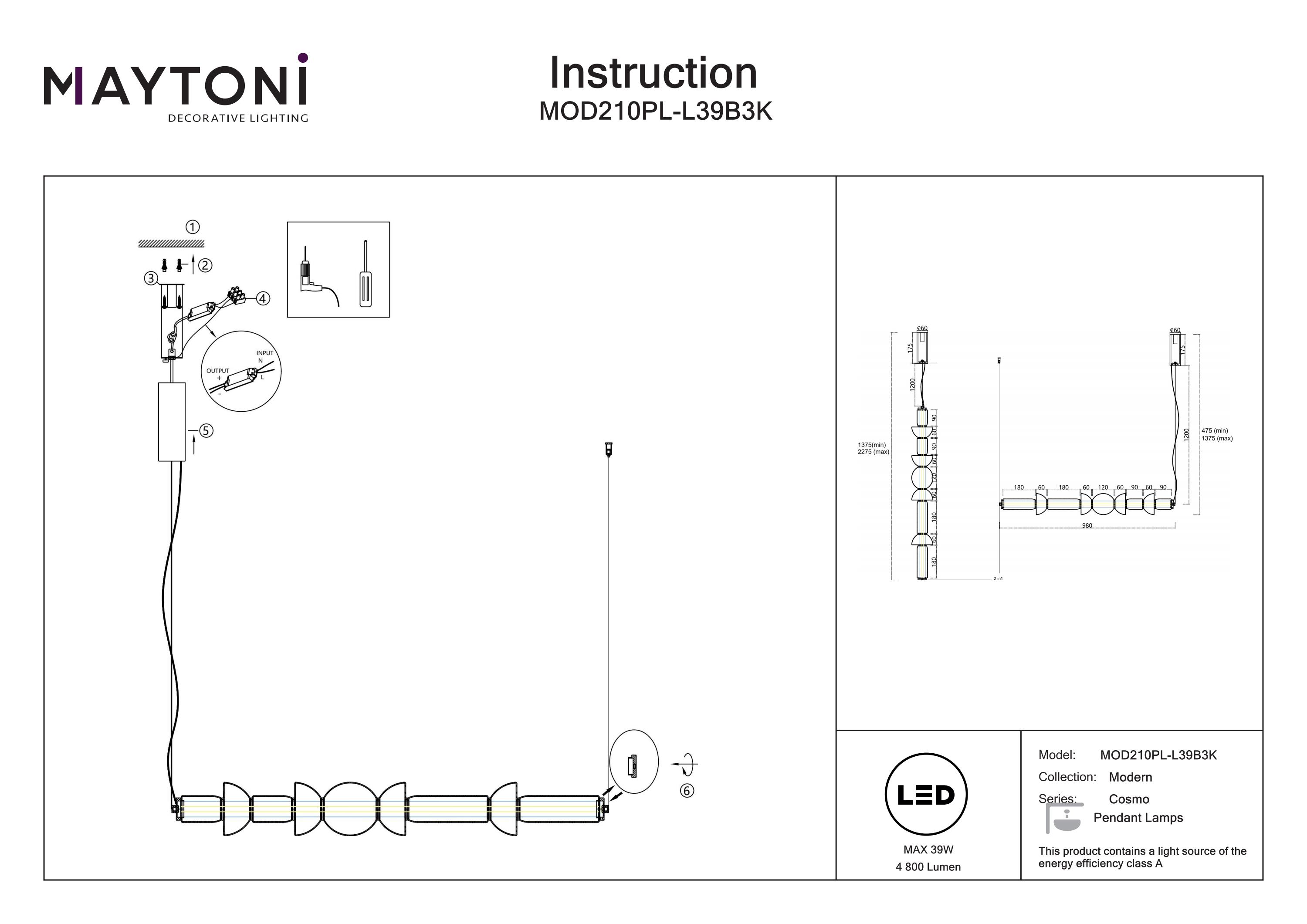 Corp de iluminat suspendat Cosmo, Metal Negru, 39W, MAYTONI MOD210PL-L39B3K [7]