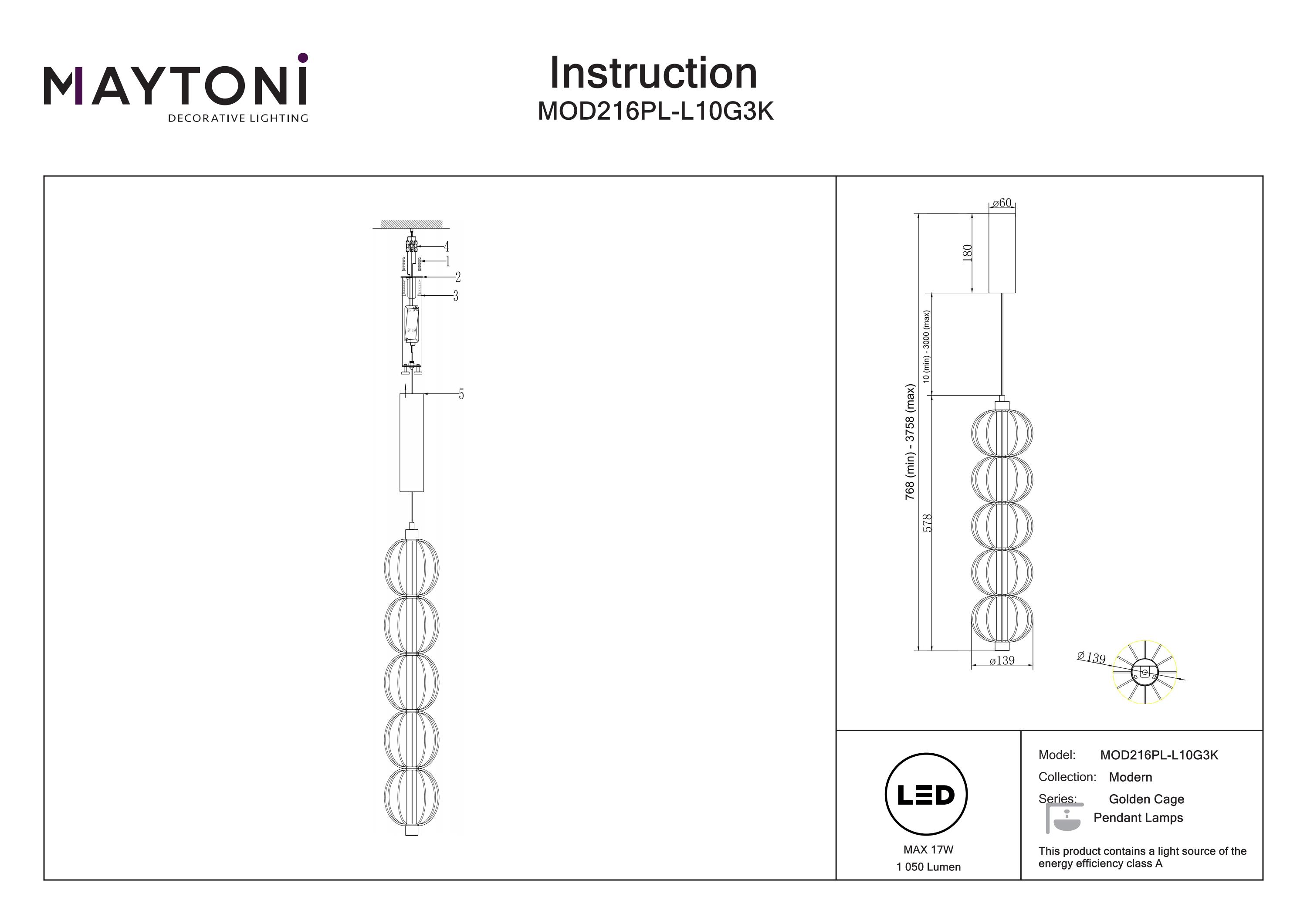 Corp de iluminat suspendat Golden Cage, Metal Auriu, 17W, MAYTONI MOD216PL-L10G3K [7]