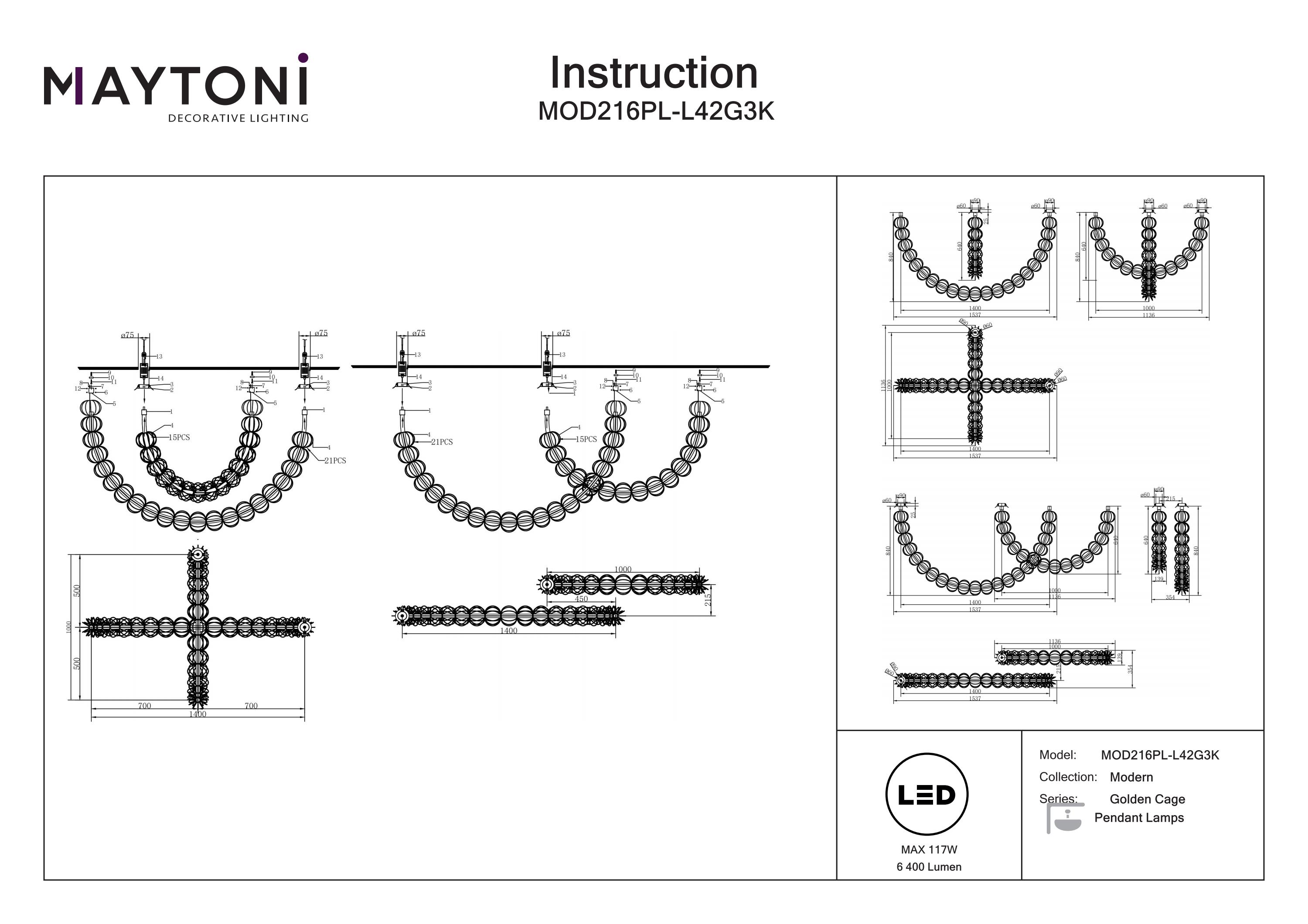 Corp de iluminat suspendat Golden Cage, Metal Auriu, 117W, MAYTONI MOD216PL-L42G3K [3]