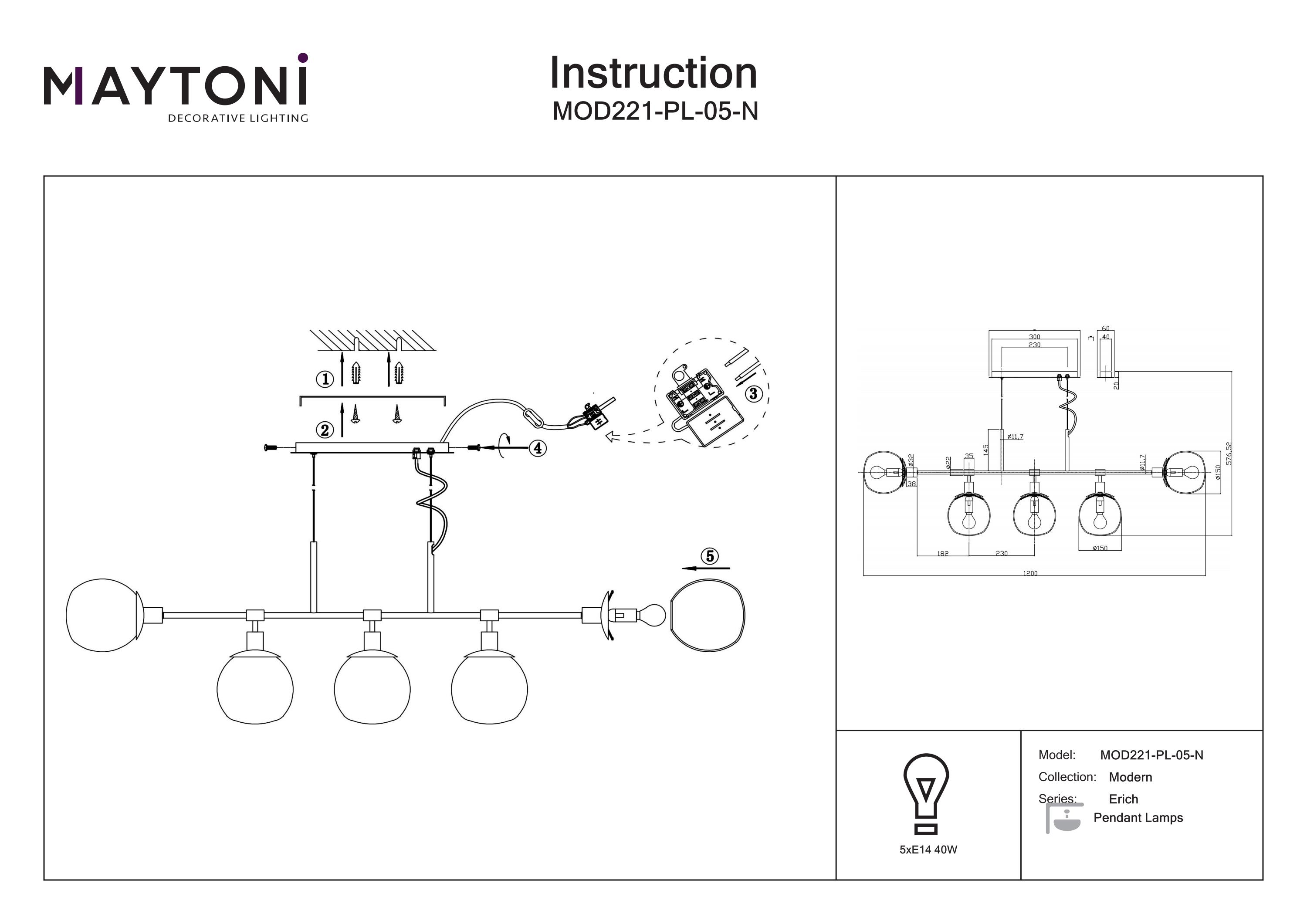 Corp de iluminat suspendat Erich, Metal Nichel, 40W, MAYTONI MOD221-PL-05-N [2]