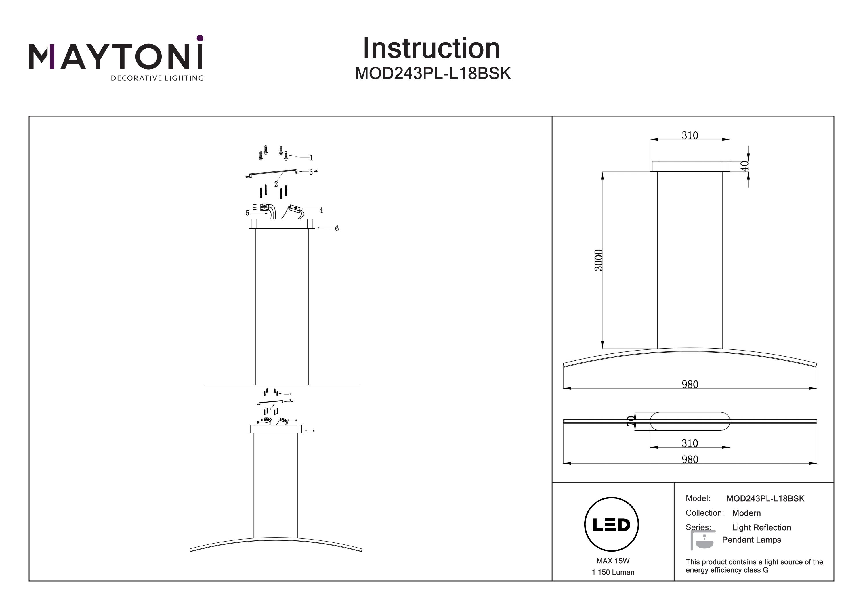 Corp de iluminat suspendat CURVE, Metal Alamă, 15W, MAYTONI MOD243PL-L18BSK [3]
