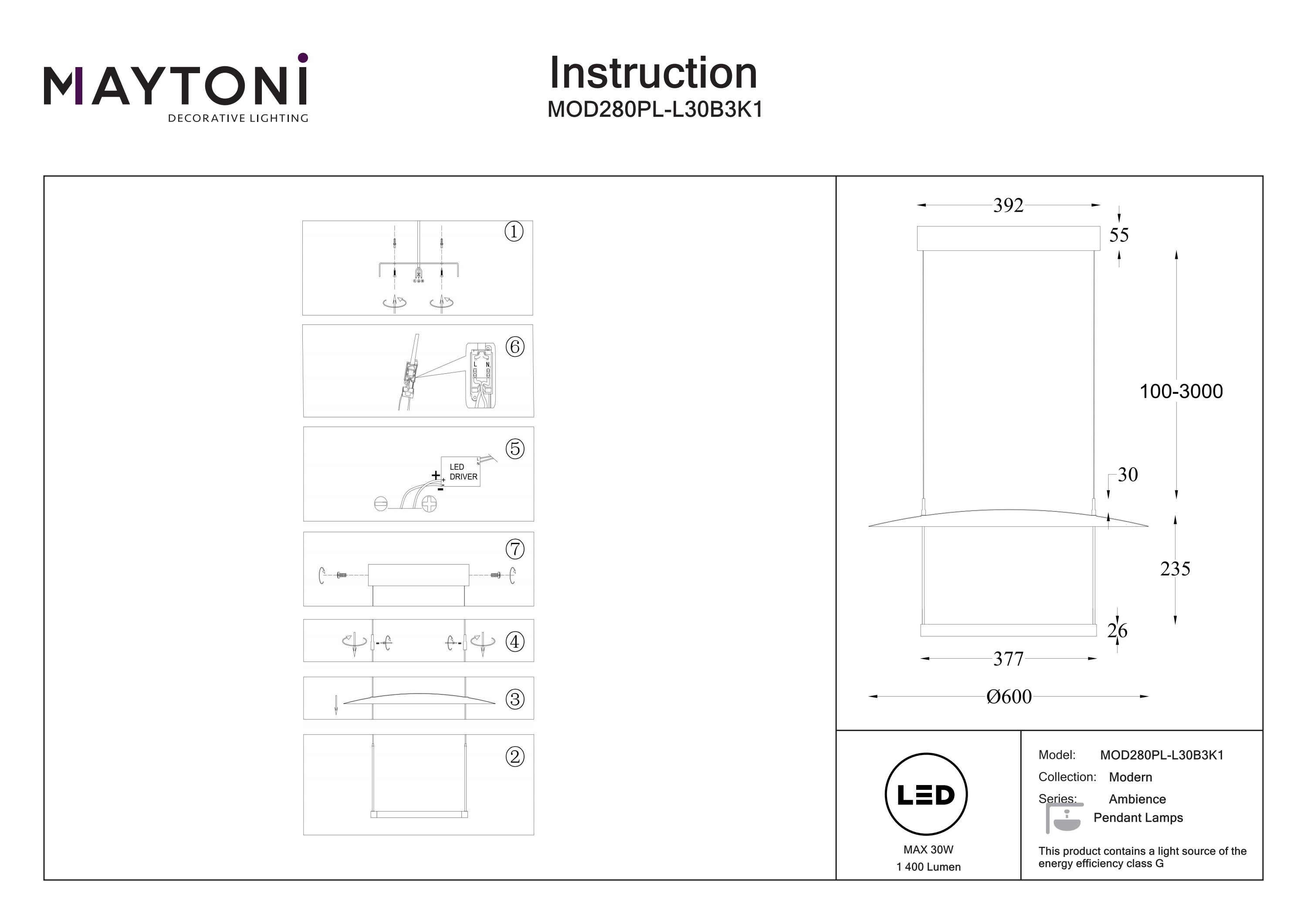 Corp de iluminat suspendat Ambience, Metal Negru, 30W, MAYTONI MOD280PL-L30B3K1 [3]