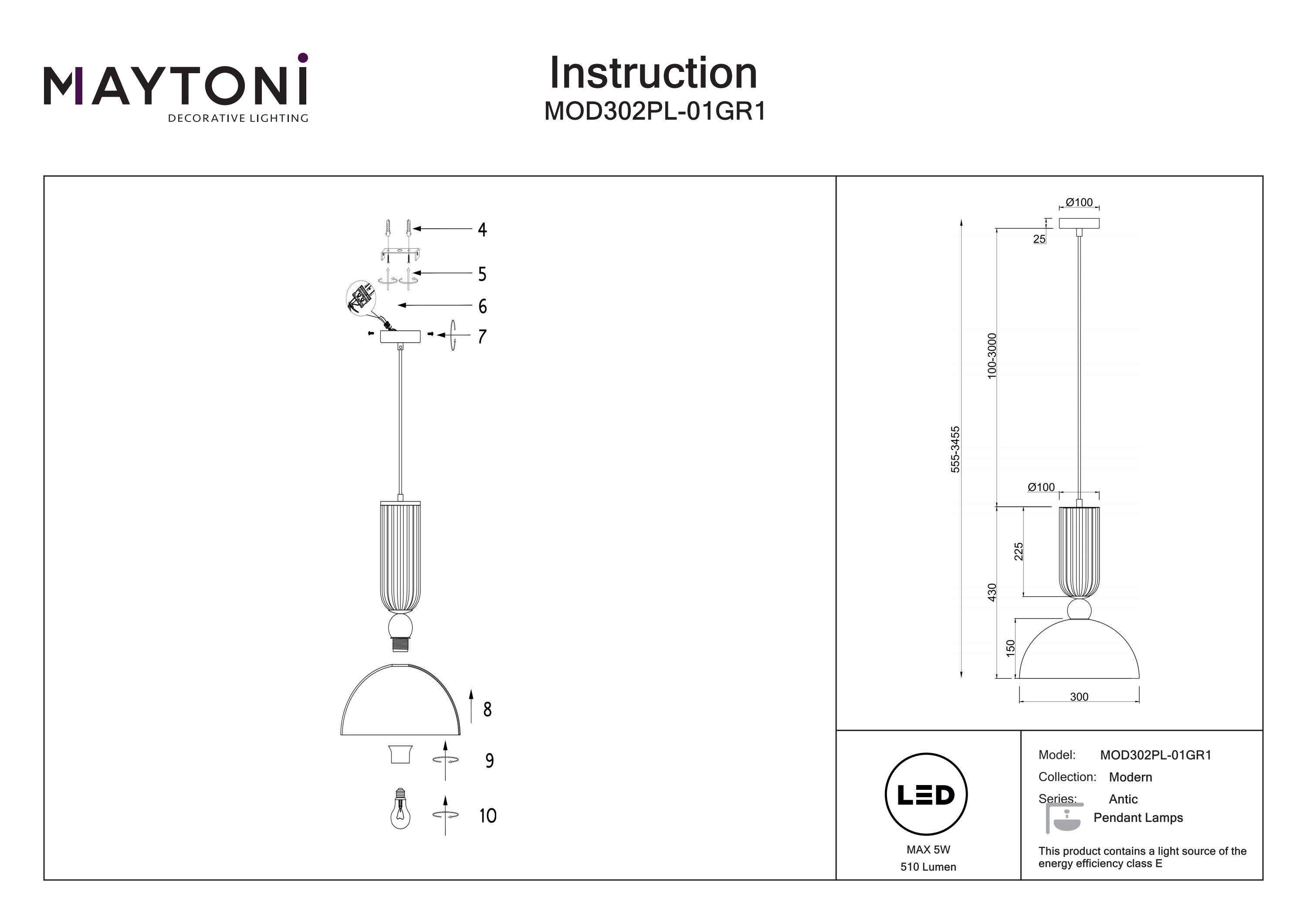 Corp de iluminat suspendat Antic, Metal Auriu, 60W, MAYTONI MOD302PL-01GR1 [3]