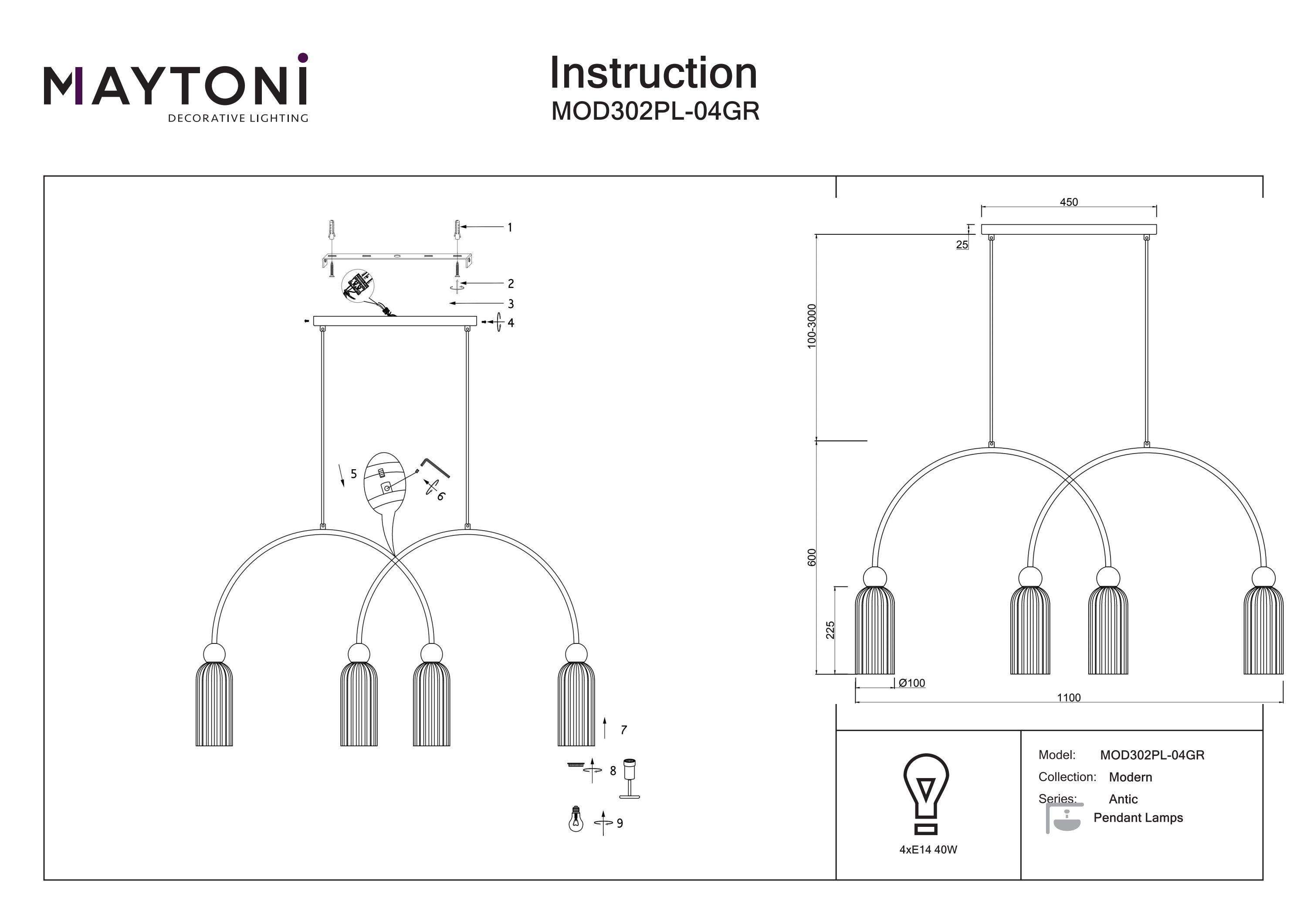 Corp de iluminat suspendat Antic, Metal Auriu, 40W, MAYTONI MOD302PL-04GR [2]