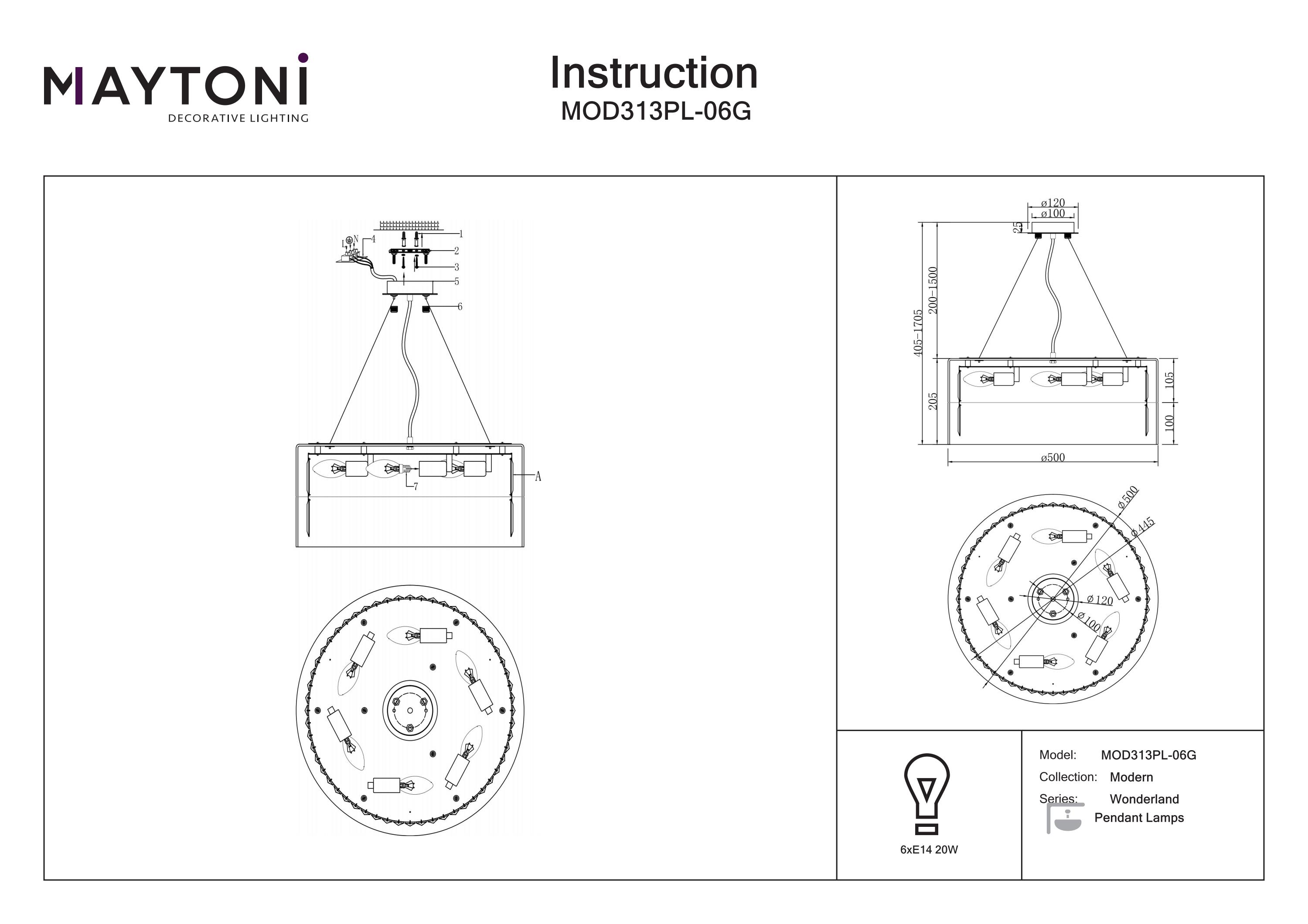 Corp de iluminat suspendat Wonderland, Oțel inoxidabil Auriu, 20W, MAYTONI MOD313PL-06G [2]