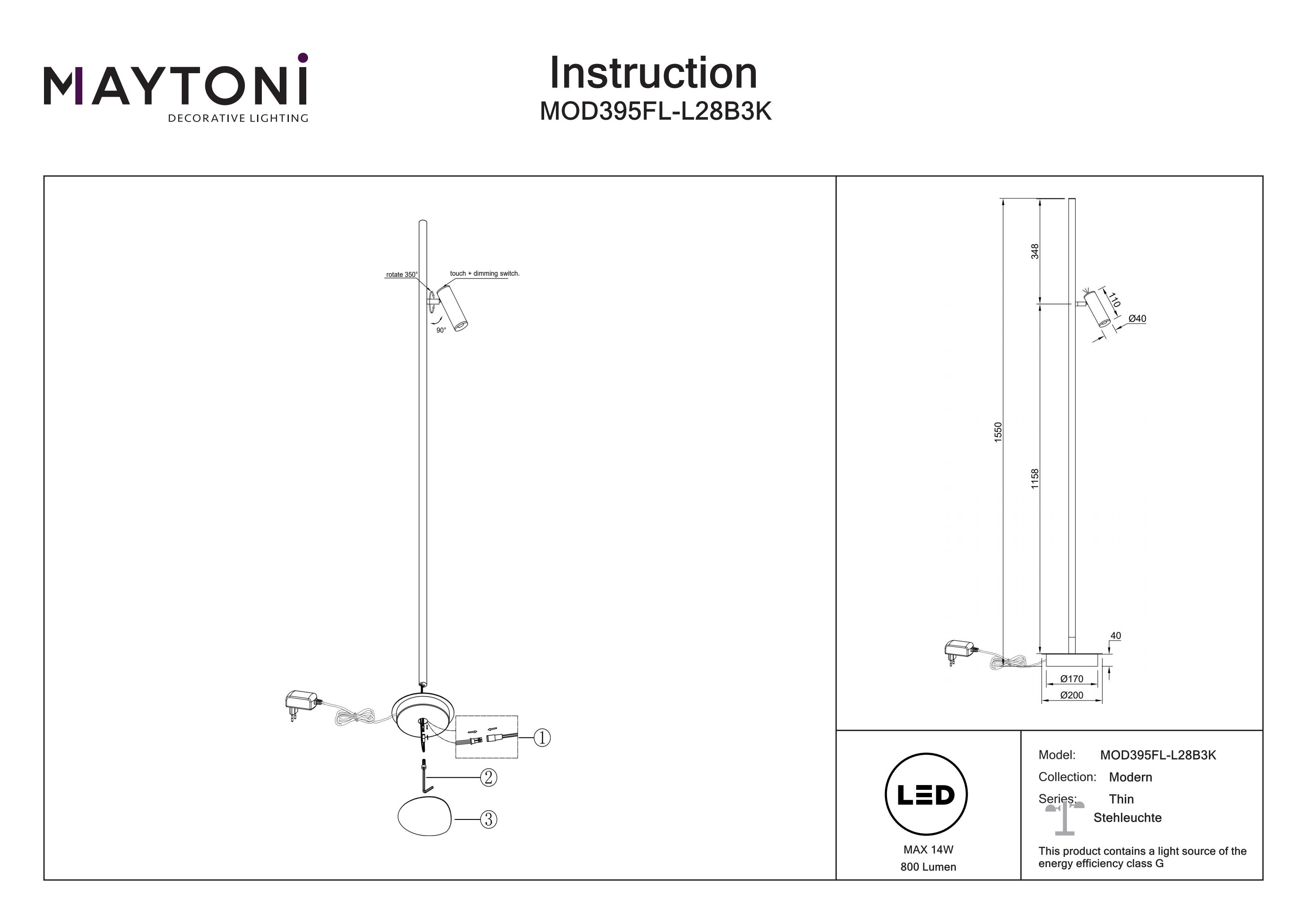 Lampadar Thin, Aluminiu Negru, 14W, MAYTONI MOD395FL-L28B3K [7]