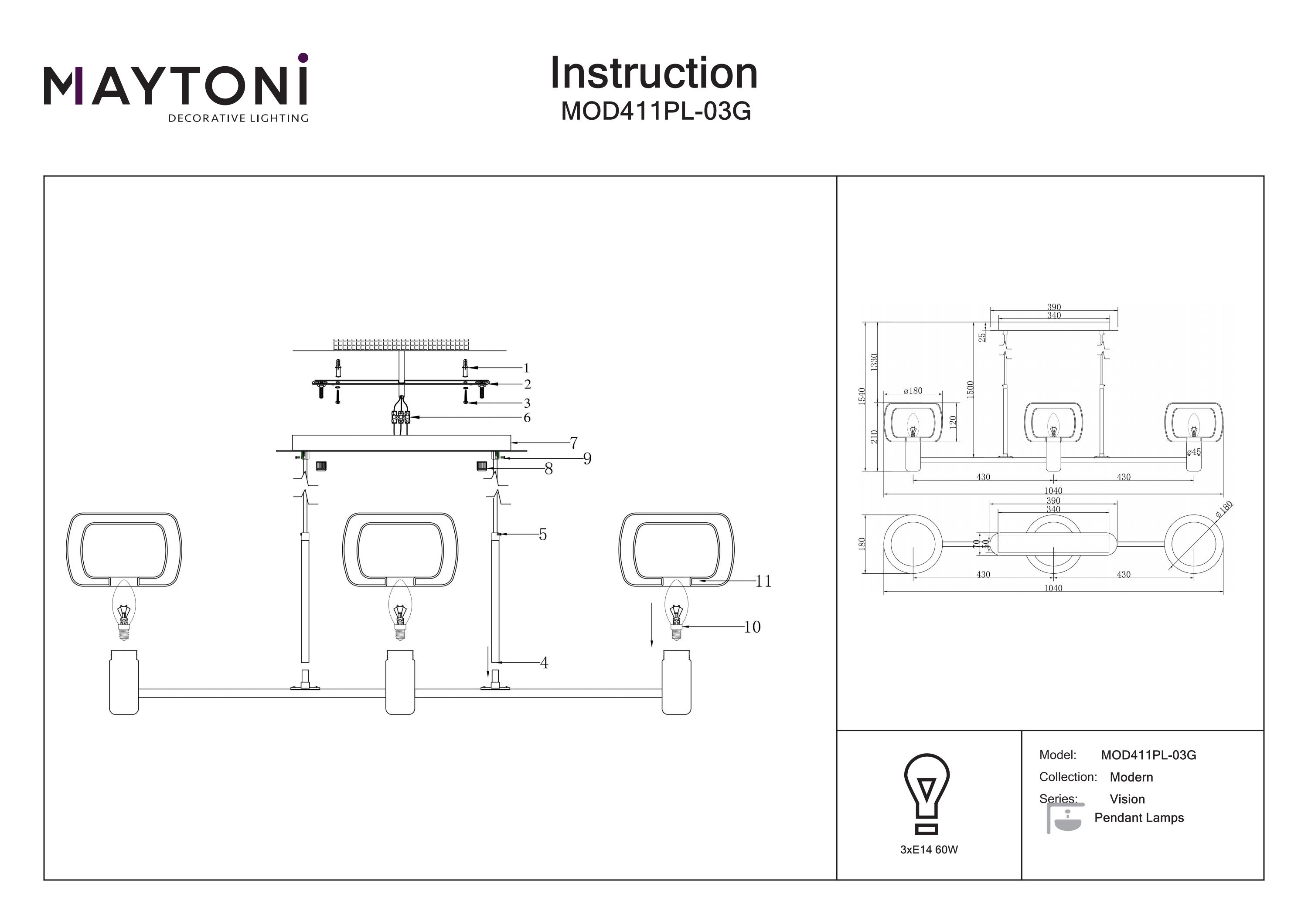 Corp de iluminat suspendat Vision, Aluminiu Auriu, 60W, MAYTONI MOD411PL-03G [6]