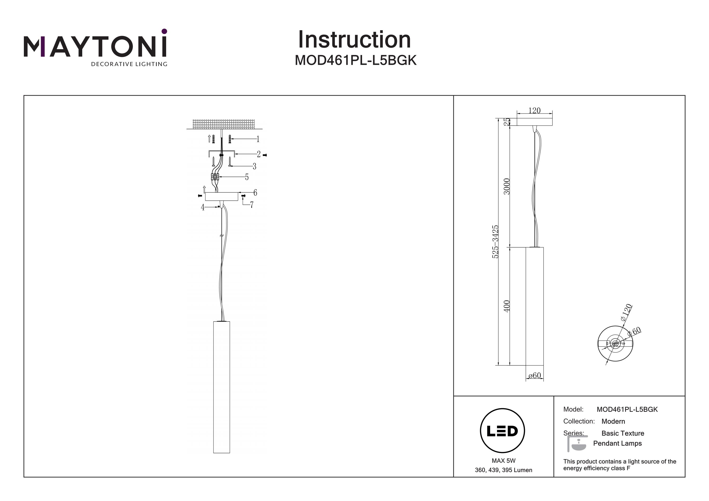 Corp de iluminat suspendat BASIC TEXTURE, Metal Negru, 5W, MAYTONI MOD461PL-L5BGK [3]