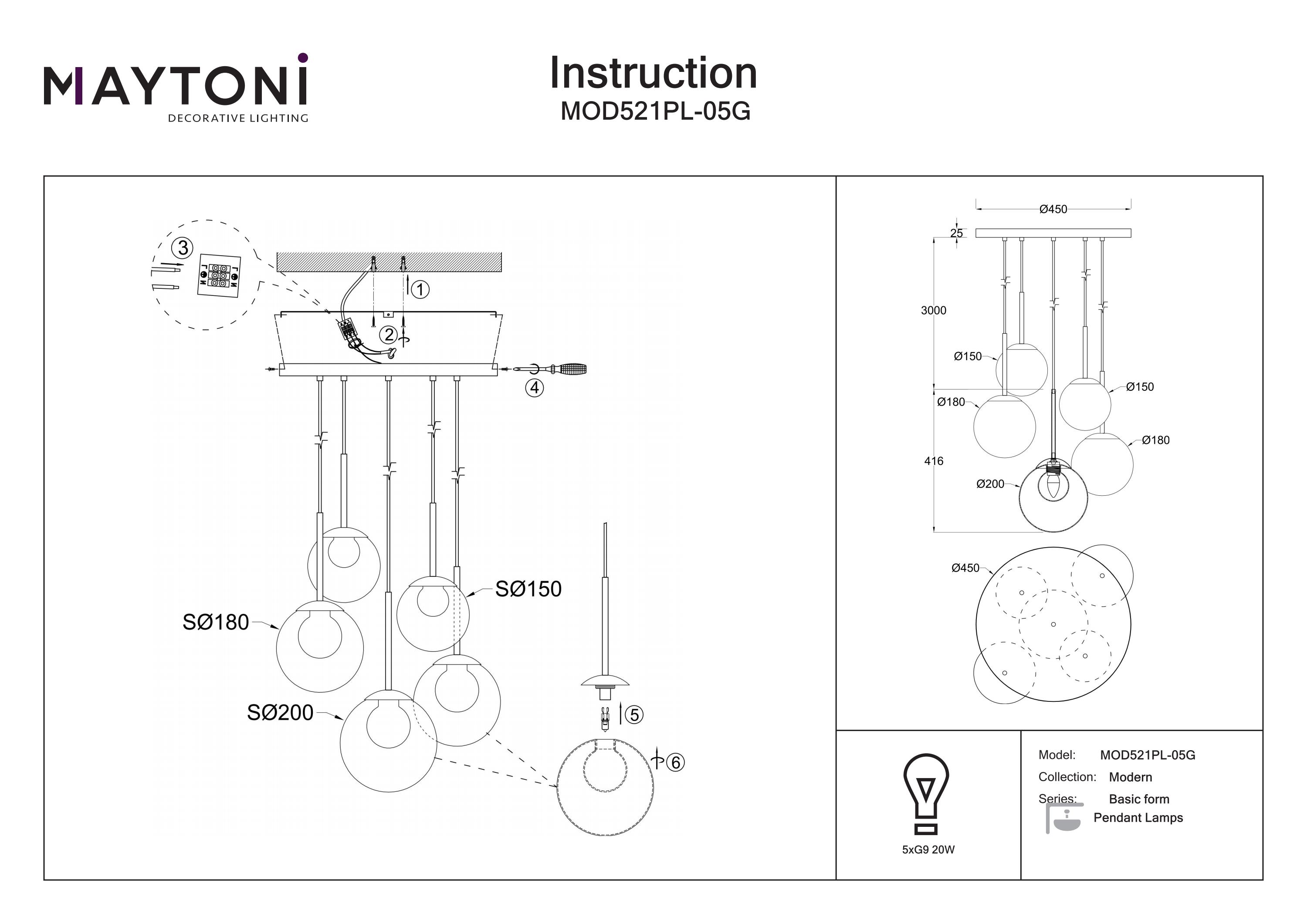 Corp de iluminat suspendat BASIC FORM, Metal Auriu, 20W, MAYTONI MOD521PL-05G [3]
