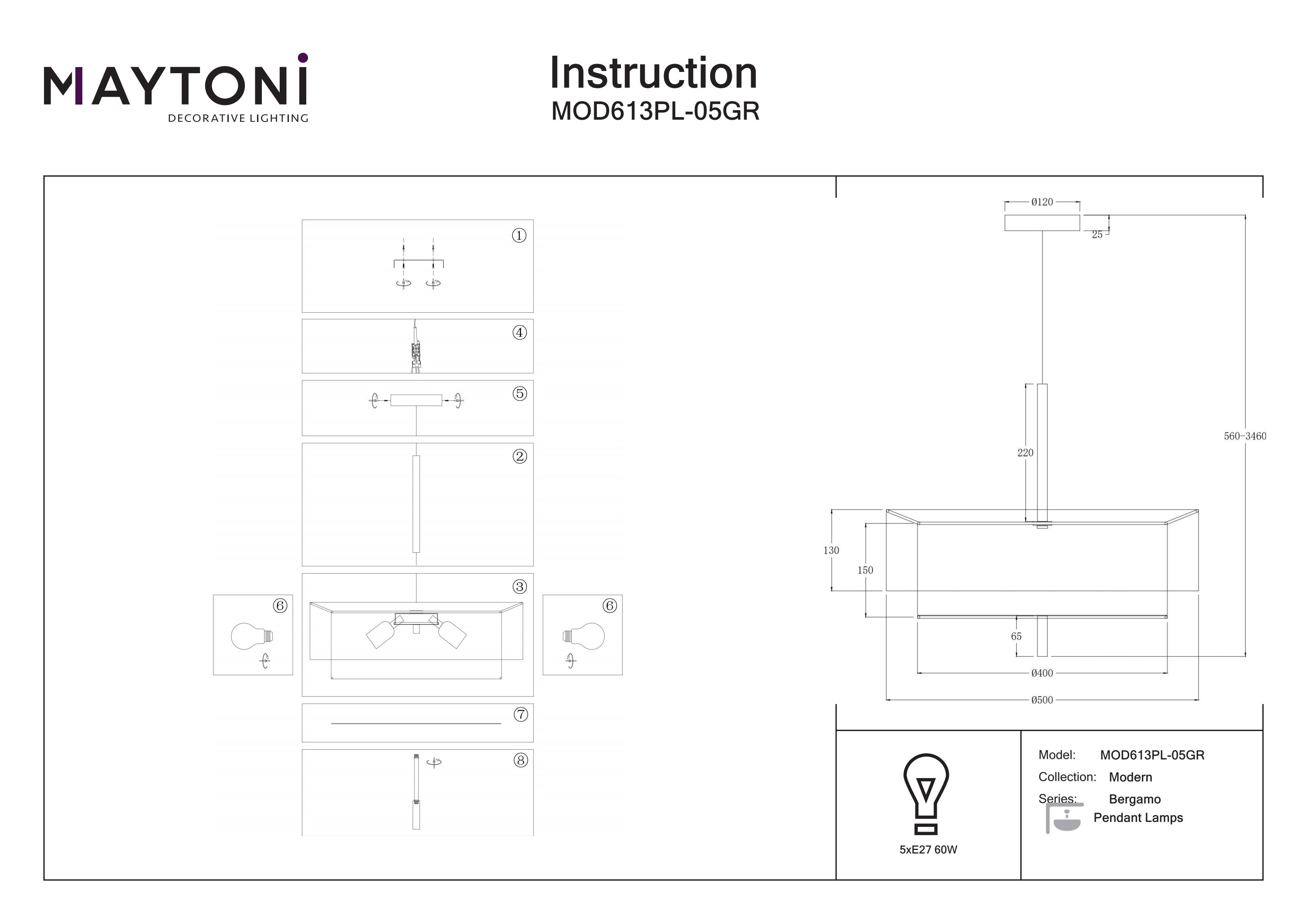Corp de iluminat suspendat Bergamo, Metal Negru, 60W, MAYTONI MOD613PL-05GR [2]