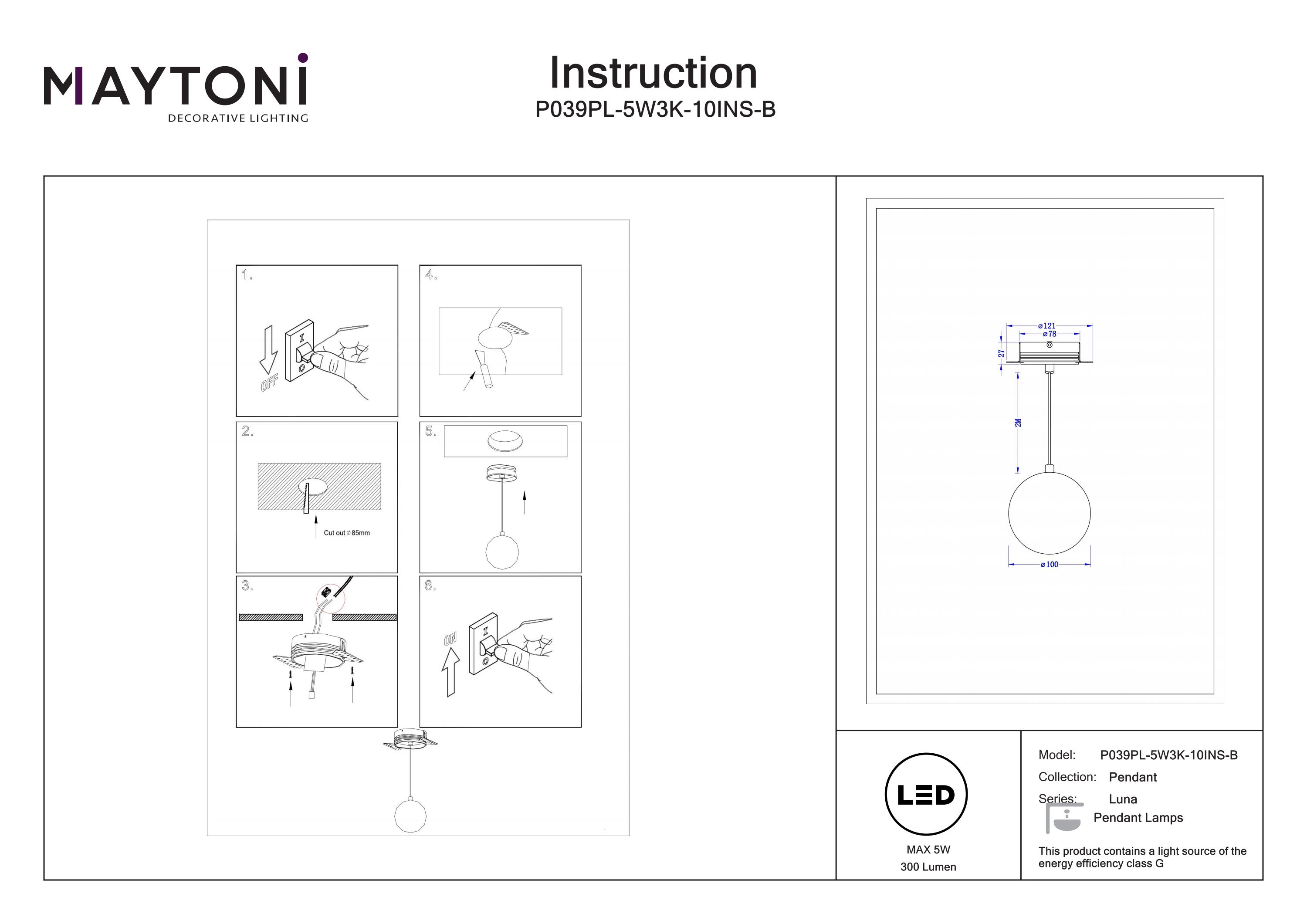 Corp de iluminat suspendat Lună, Aluminiu și plastic Negru și alb, 5W, MAYTONI P039PL-5W3K-10INS-B [5]