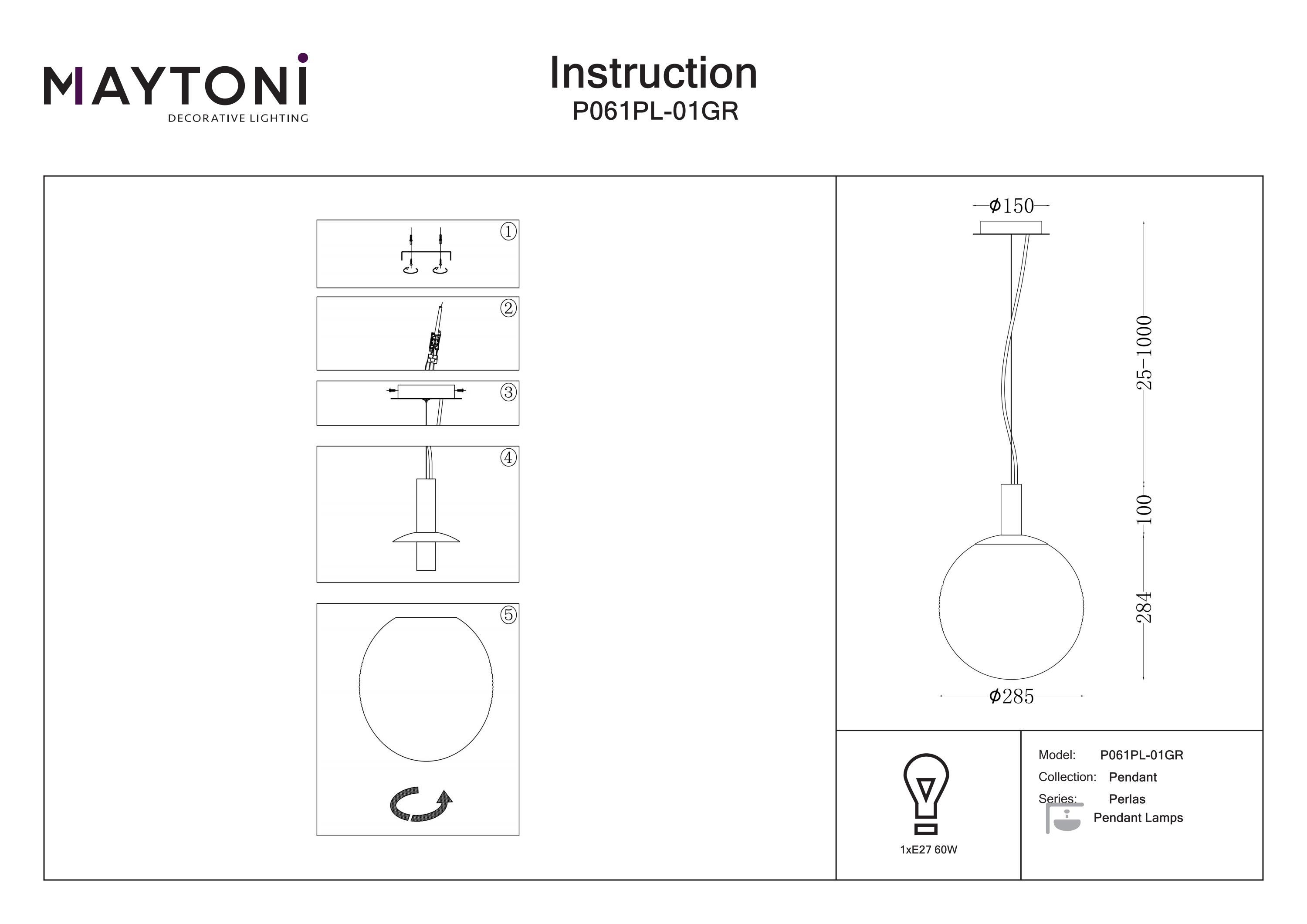 Corp de iluminat suspendat Perle, Metal Negru, 60W, MAYTONI P061PL-01GR [2]