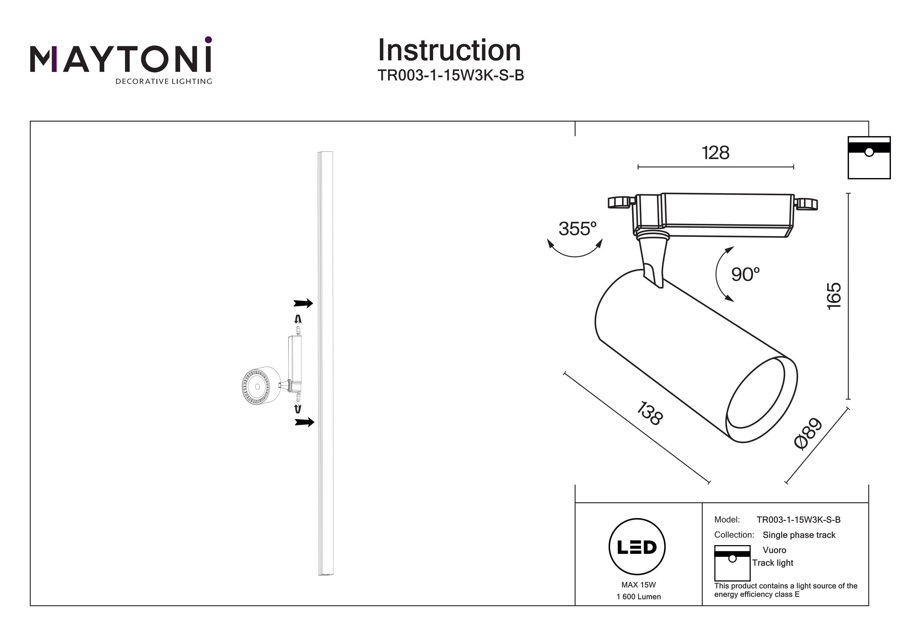 Corp de iluminat pe șină Vuoro, Aluminiu Negru, 15W, MAYTONI TR003-1-15W3K-S-B [5]