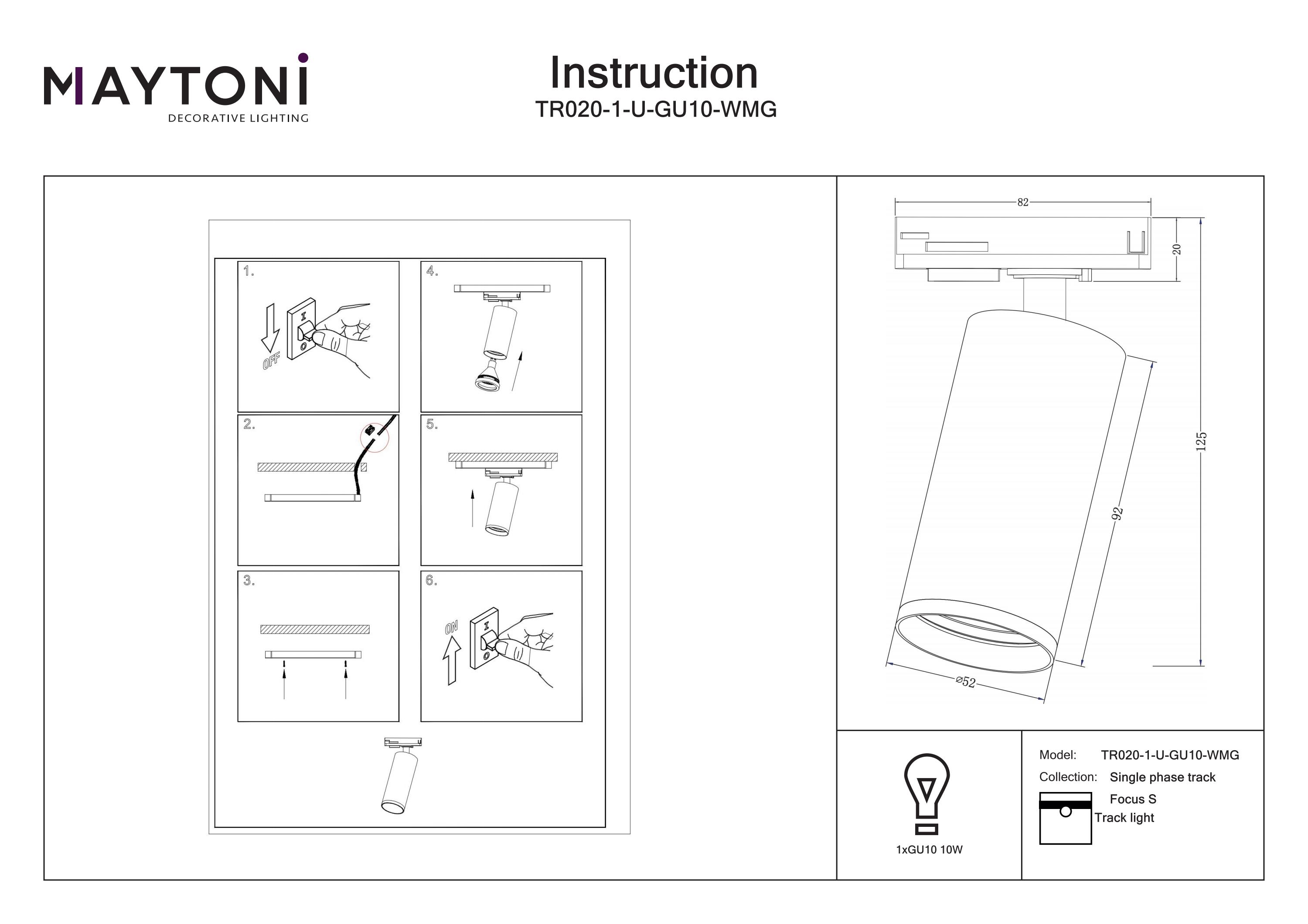 Corp de iluminat pe șină Focus S, Aluminiu Alb, 10W, MAYTONI TR020-1-U-GU10-WMG [2]