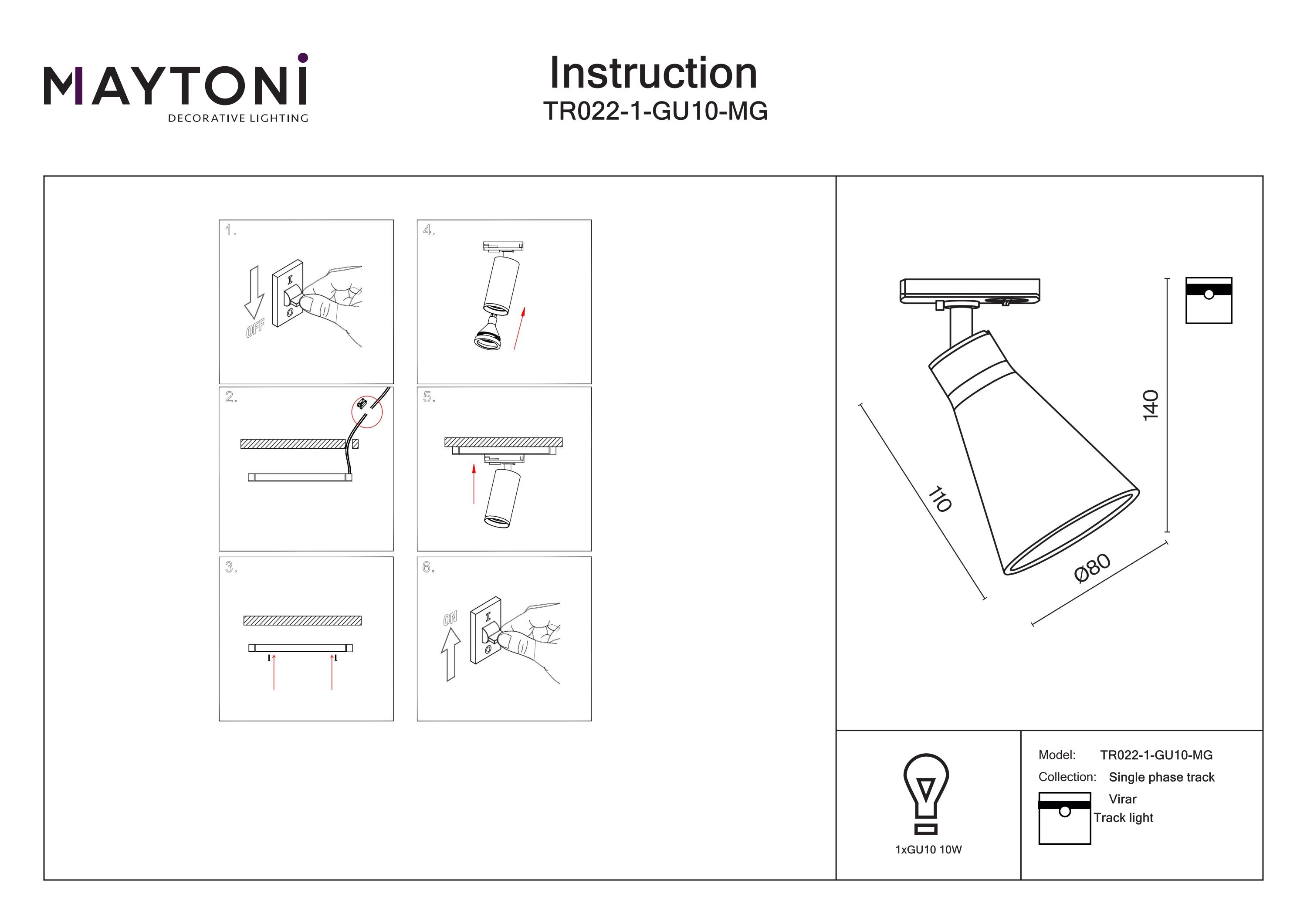 Corp de iluminat pe șină Virar, Aluminiu Negru, 10W, MAYTONI TR022-1-GU10-MG [2]