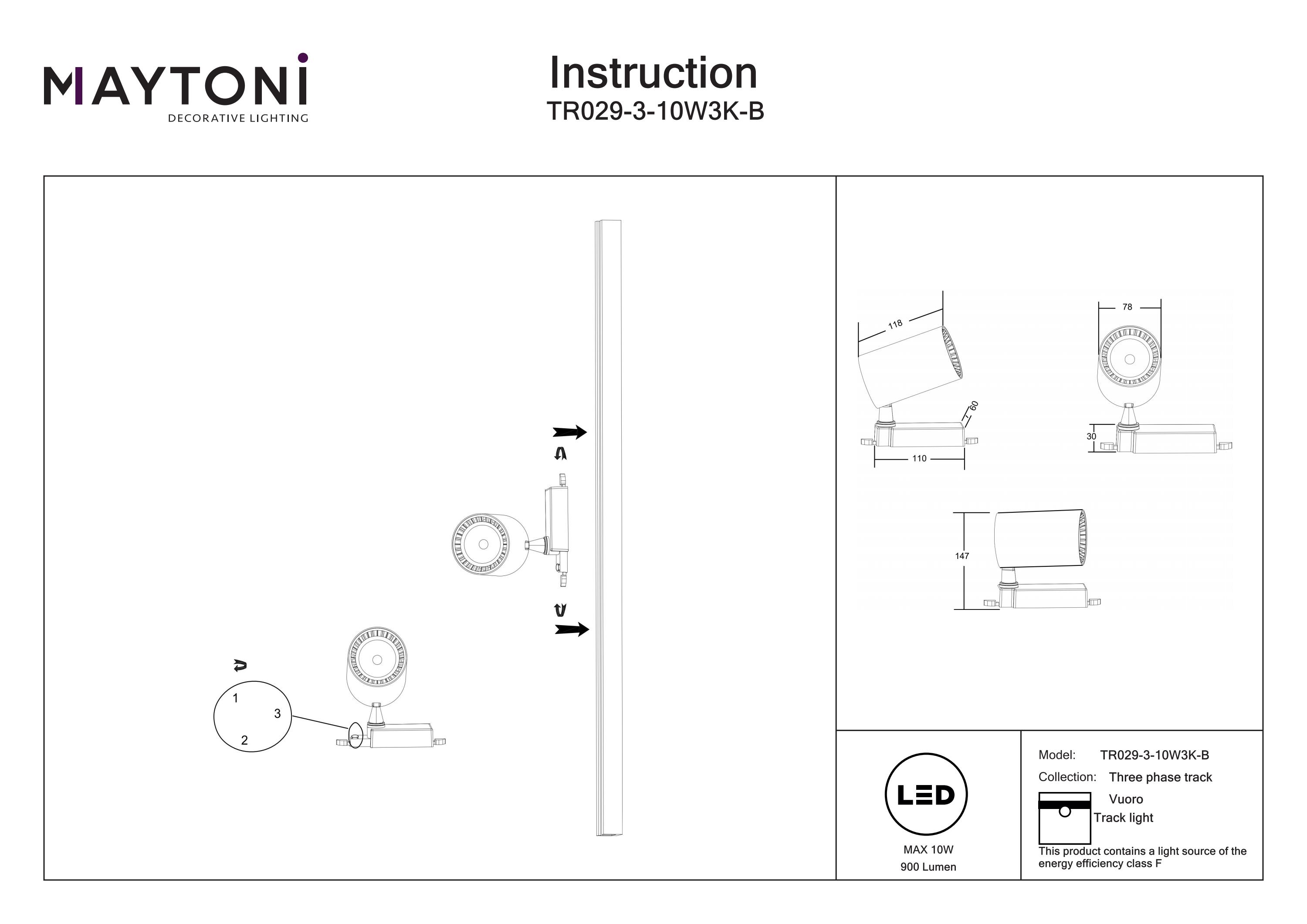 Corp de iluminat pe șină Vuoro, Aluminiu și plastic Negru, 10W, MAYTONI TR029-3-10W3K-B [3]
