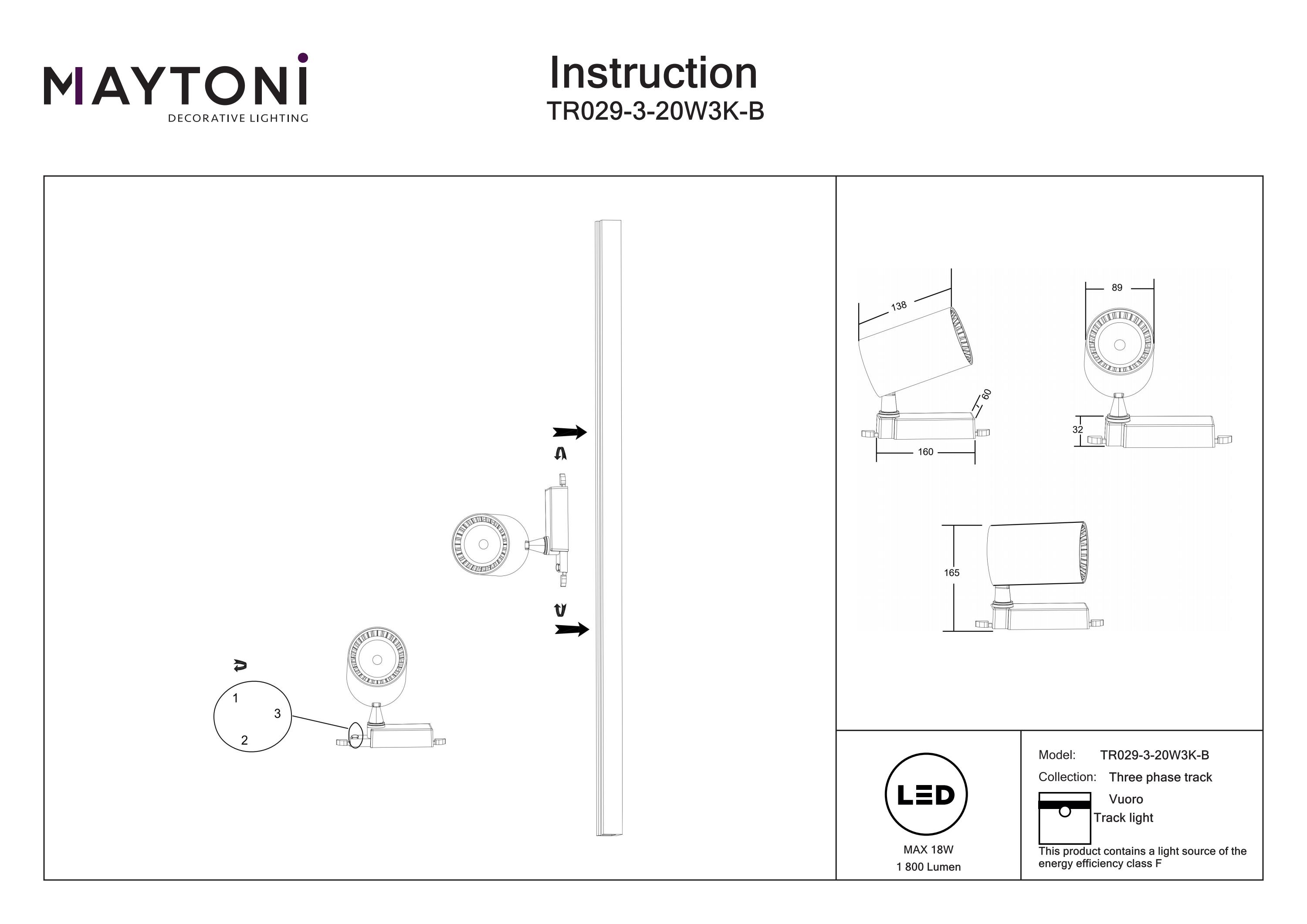Corp de iluminat pe șină Vuoro, Aluminiu și plastic Negru, 18W, MAYTONI TR029-3-20W3K-B [3]