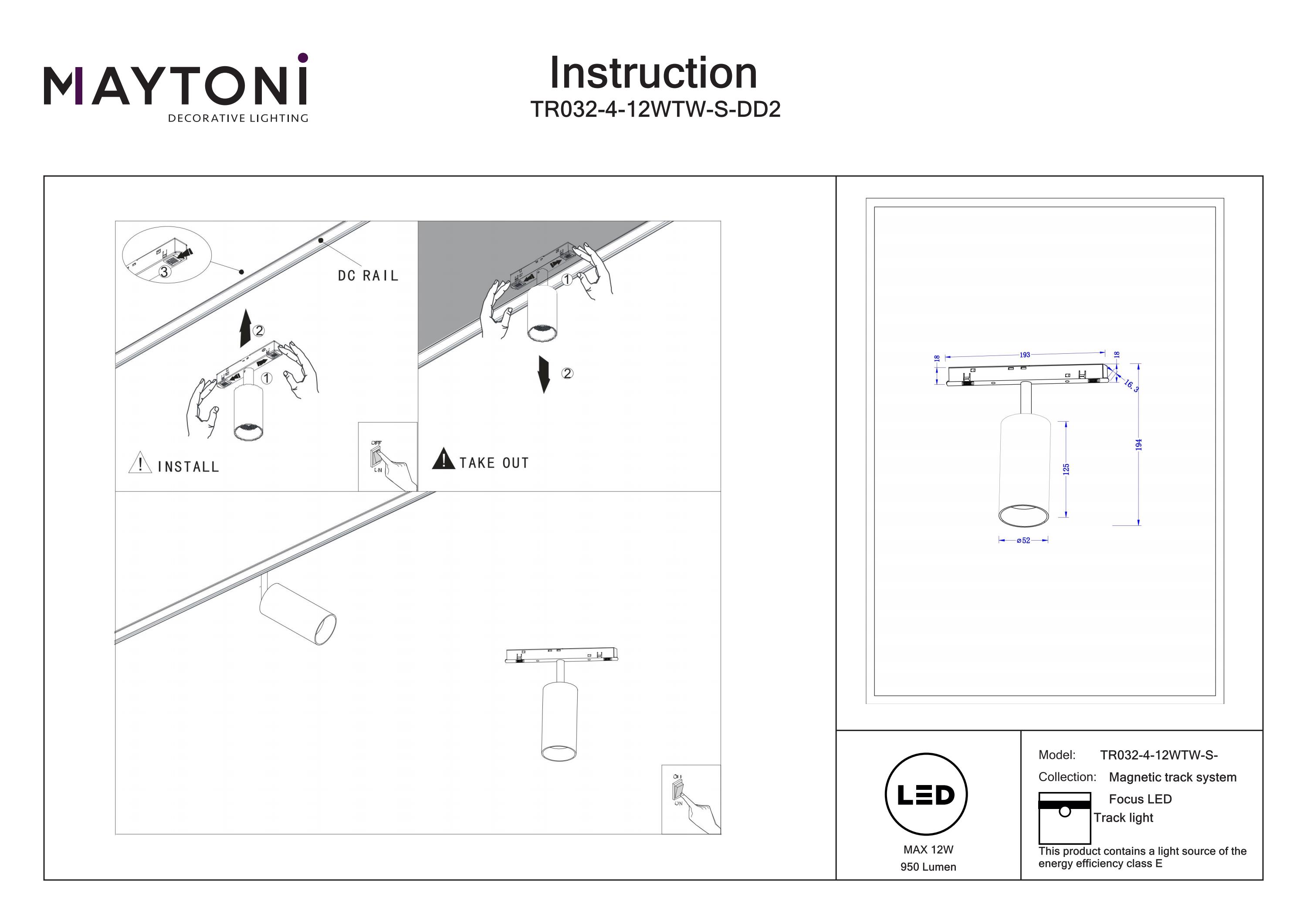 Corp de iluminat pe șină Focus LED, Aluminiu Negru, 12W, MAYTONI TR032-4-12WTW-S-DD2-B [3]
