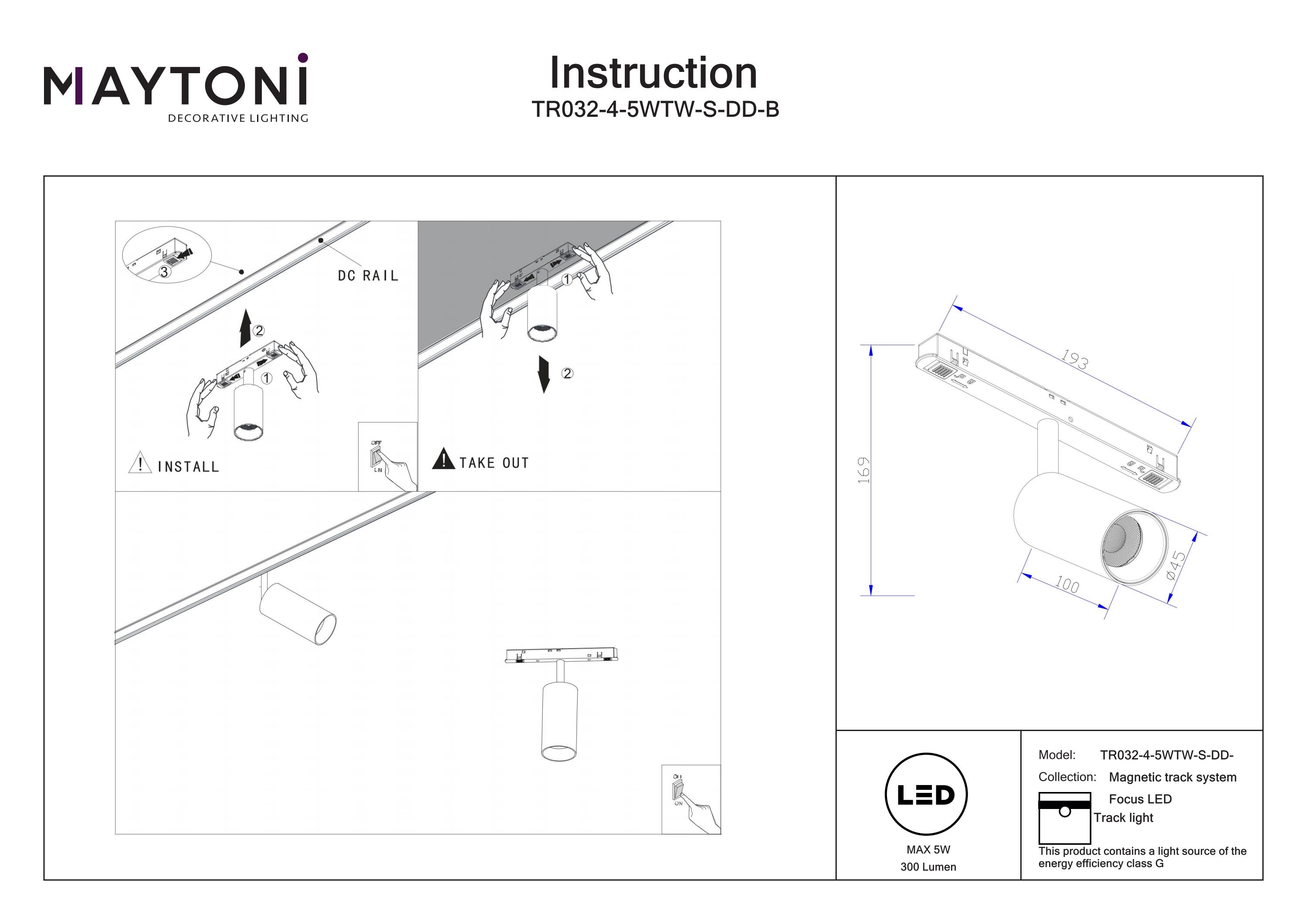 Corp de iluminat pe șină Focus LED, Aluminiu Negru, 5W, MAYTONI TR032-4-5WTW-S-DD-B [3]