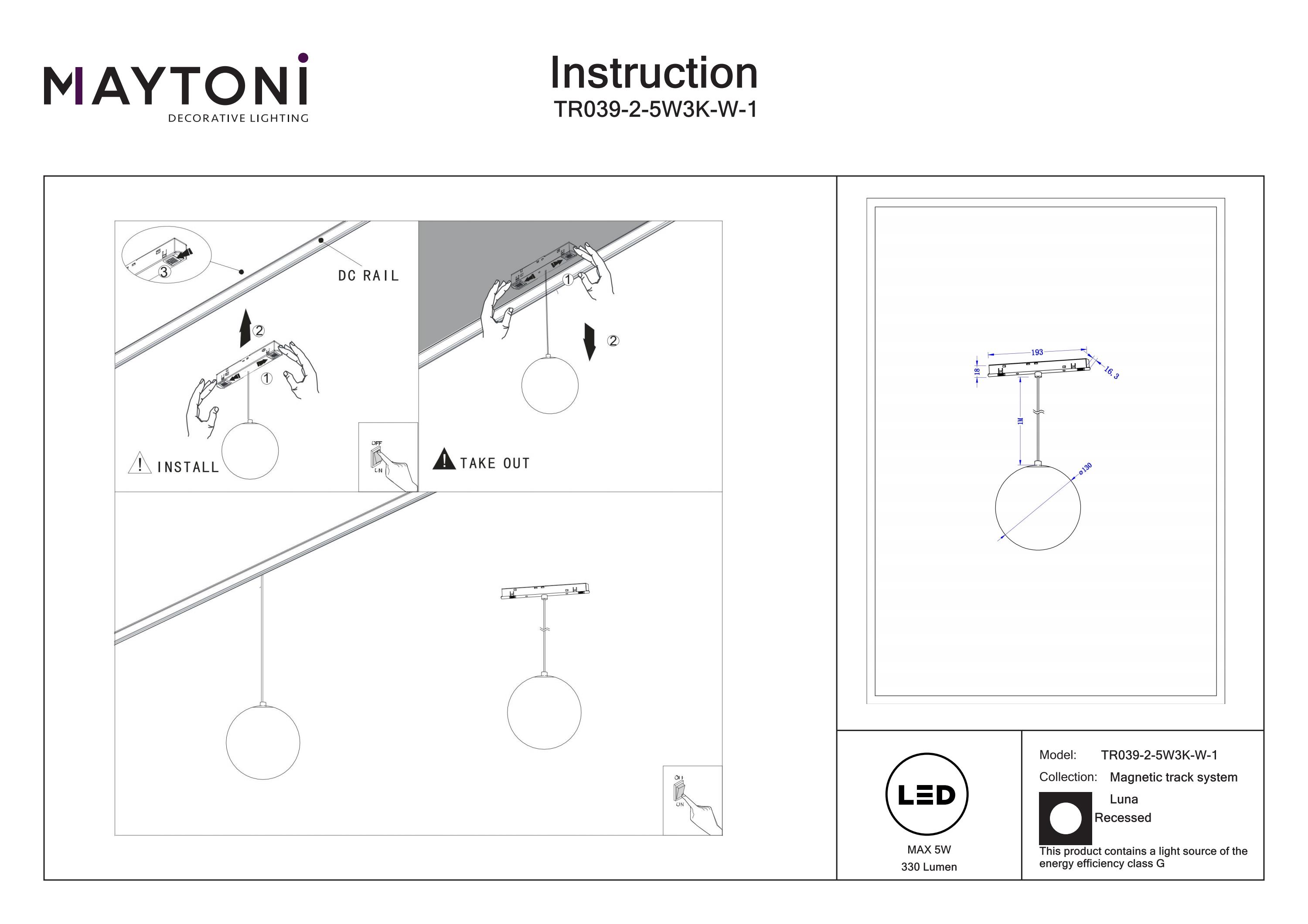Corp de iluminat suspendat pe șină Lună, Sticlă Alb, 5W, MAYTONI TR039-2-5W3K-W-1 [4]