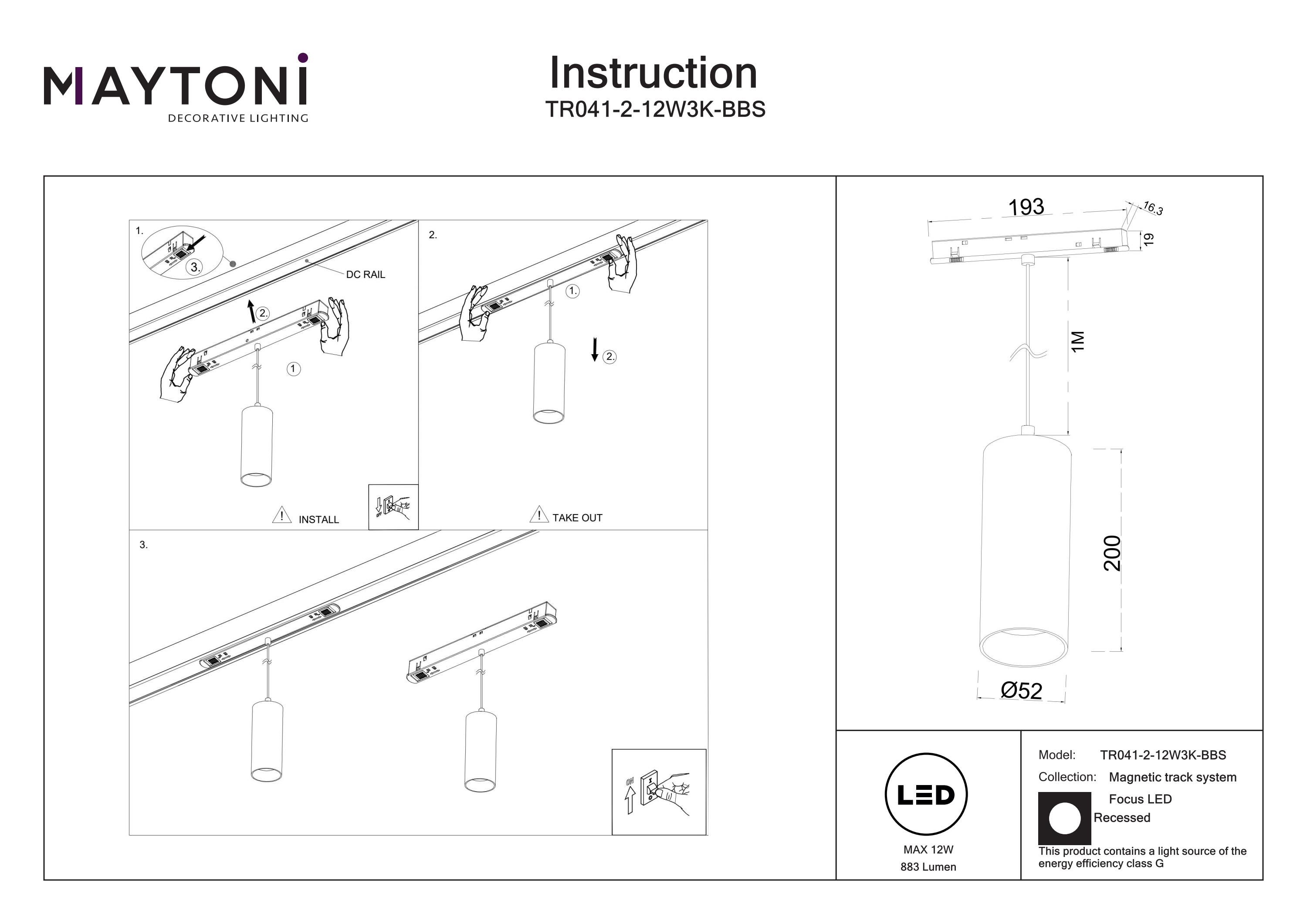 Corp de iluminat suspendat pe șină Focus LED, Aluminiu Negru, 12W, MAYTONI TR041-2-12W3K-BBS [4]