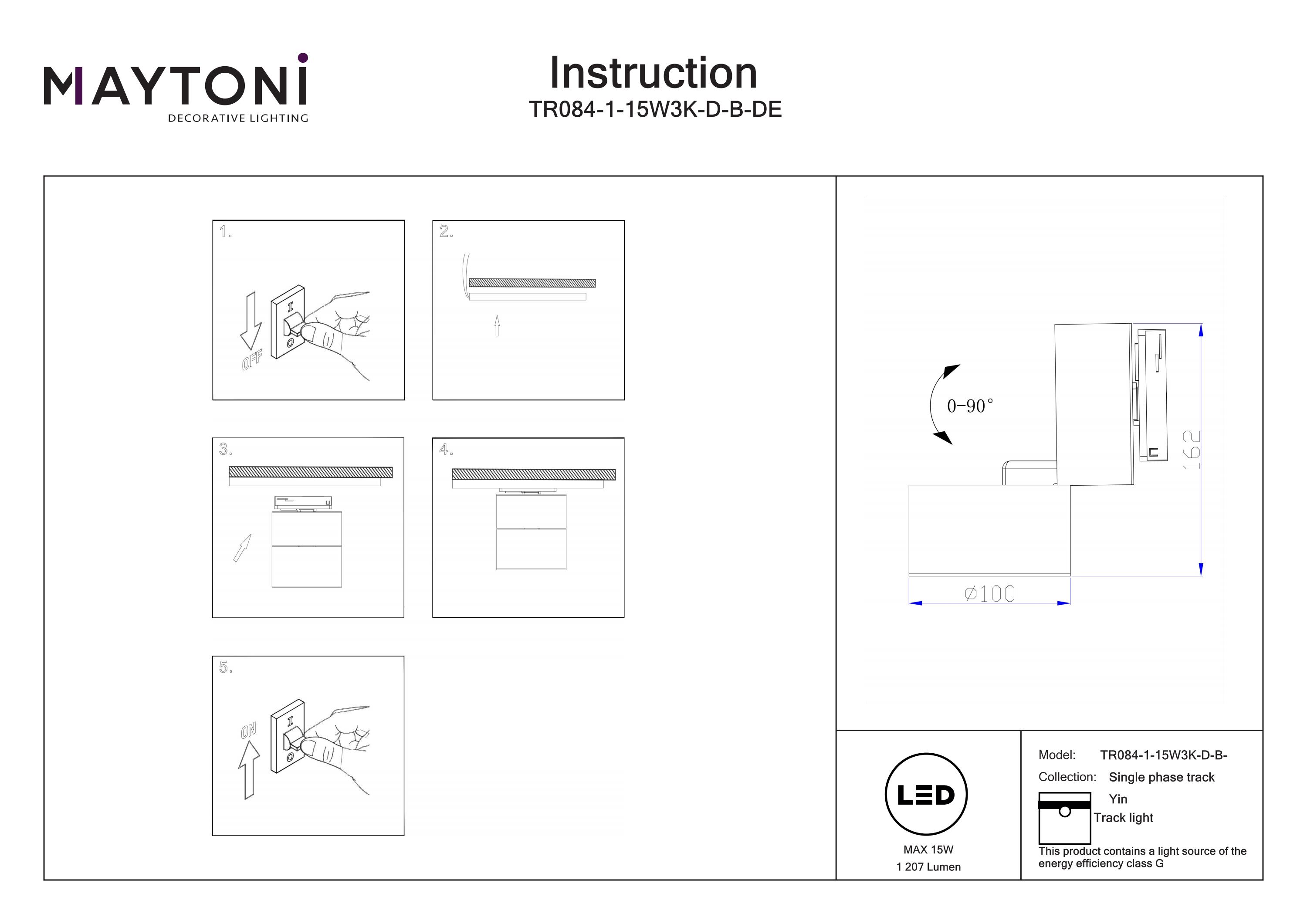 Corp de iluminat pe șină Yin, Aluminiu Negru, 15W, MAYTONI TR084-1-15W3K-D-B-DE [5]