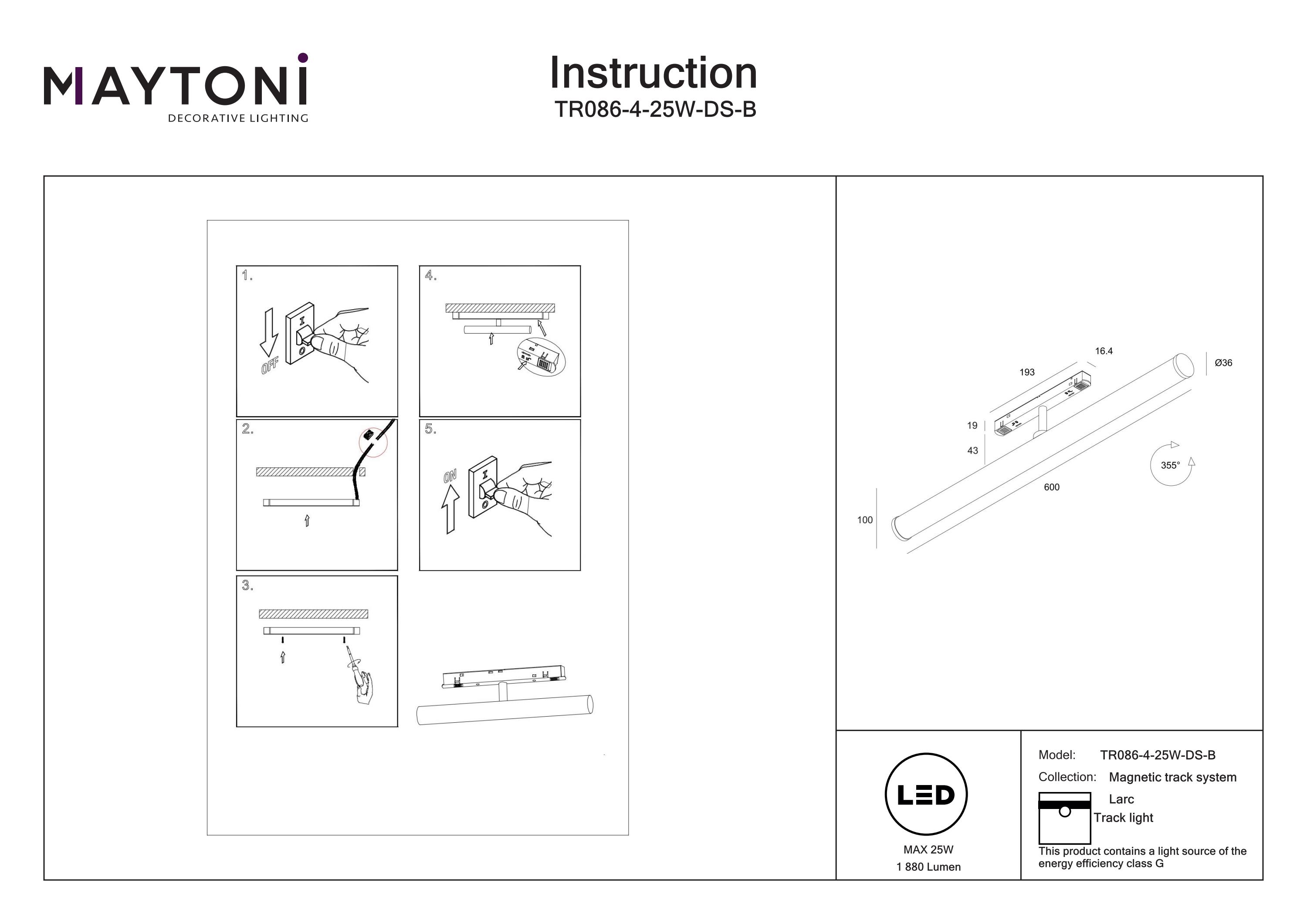 Corp de iluminat pe șină Larc, Aluminiu Negru, 25W, MAYTONI TR086-4-25W-DS-B [3]
