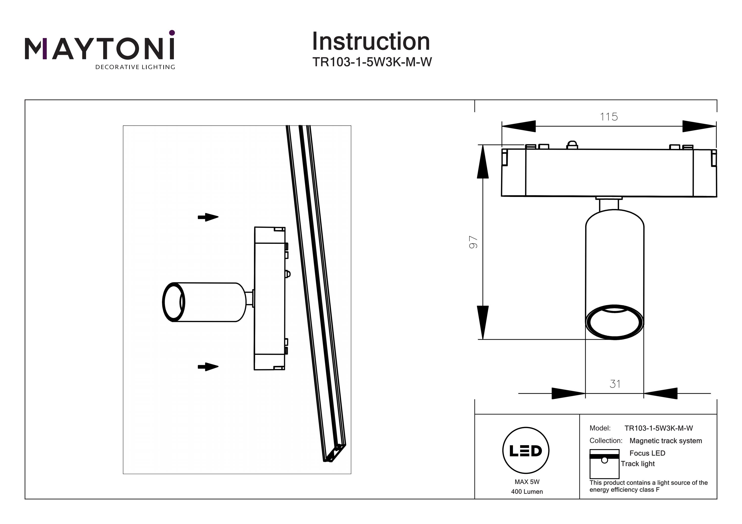 Corp de iluminat pe șină Focus LED, Aluminiu Alb, 5W, MAYTONI TR103-1-5W3K-M-W [5]