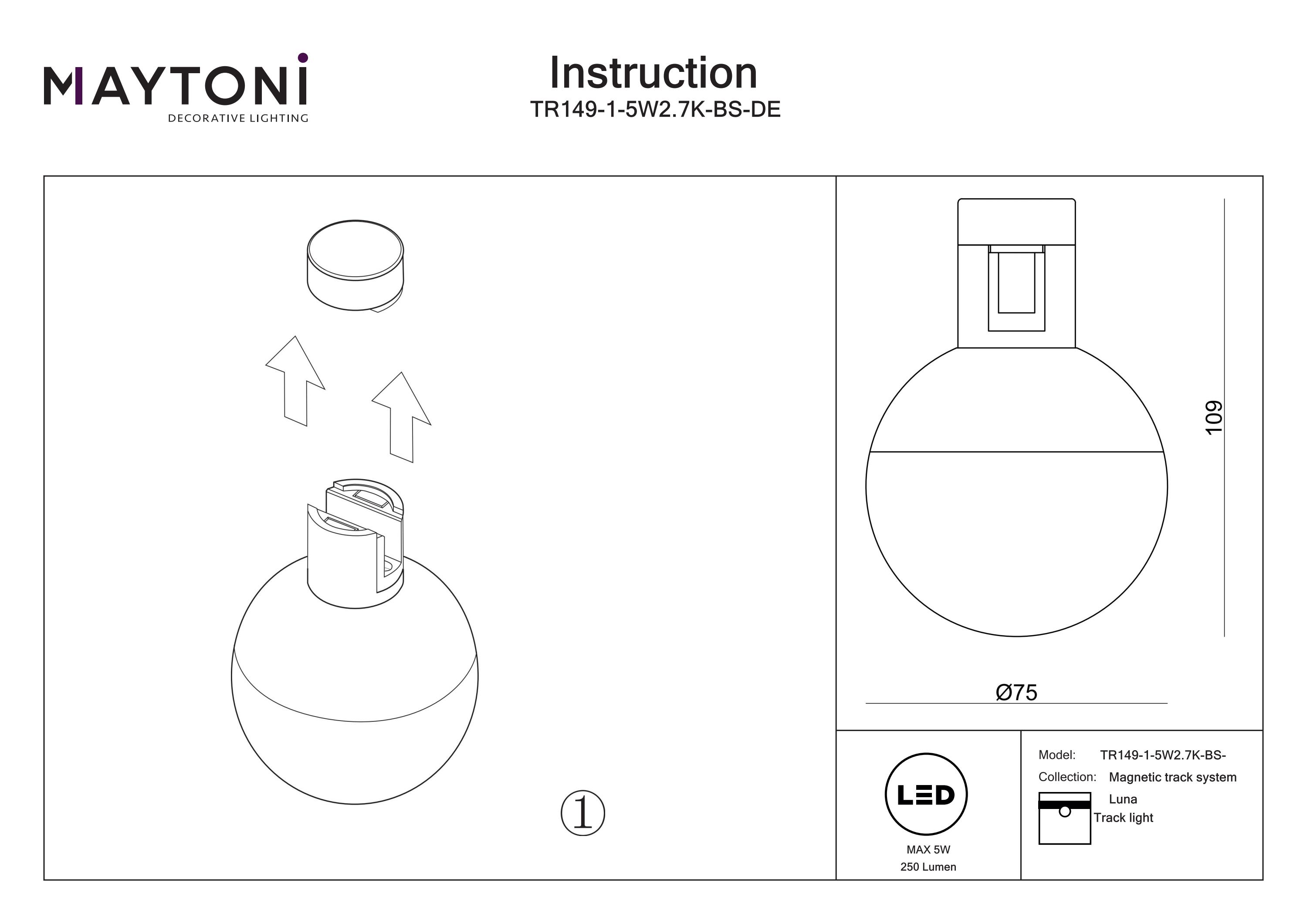 Corp de iluminat pe șină Lună, Aluminiu Alamă, 5W, MAYTONI TR149-1-5W2.7K-BS-DE [5]