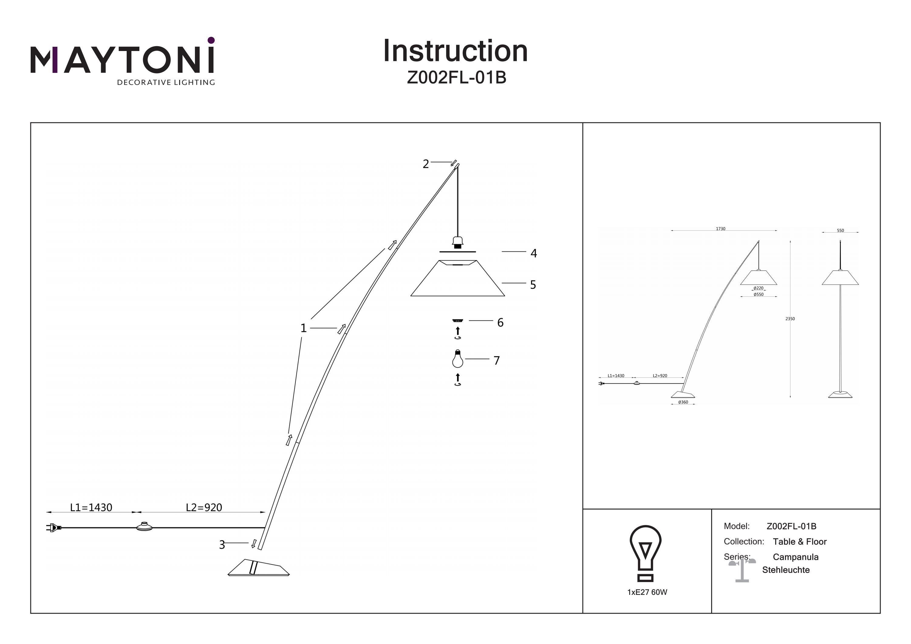 Lampadar Campanula, Metal și beton Negru, 60W, MAYTONI Z002FL-01B [2]