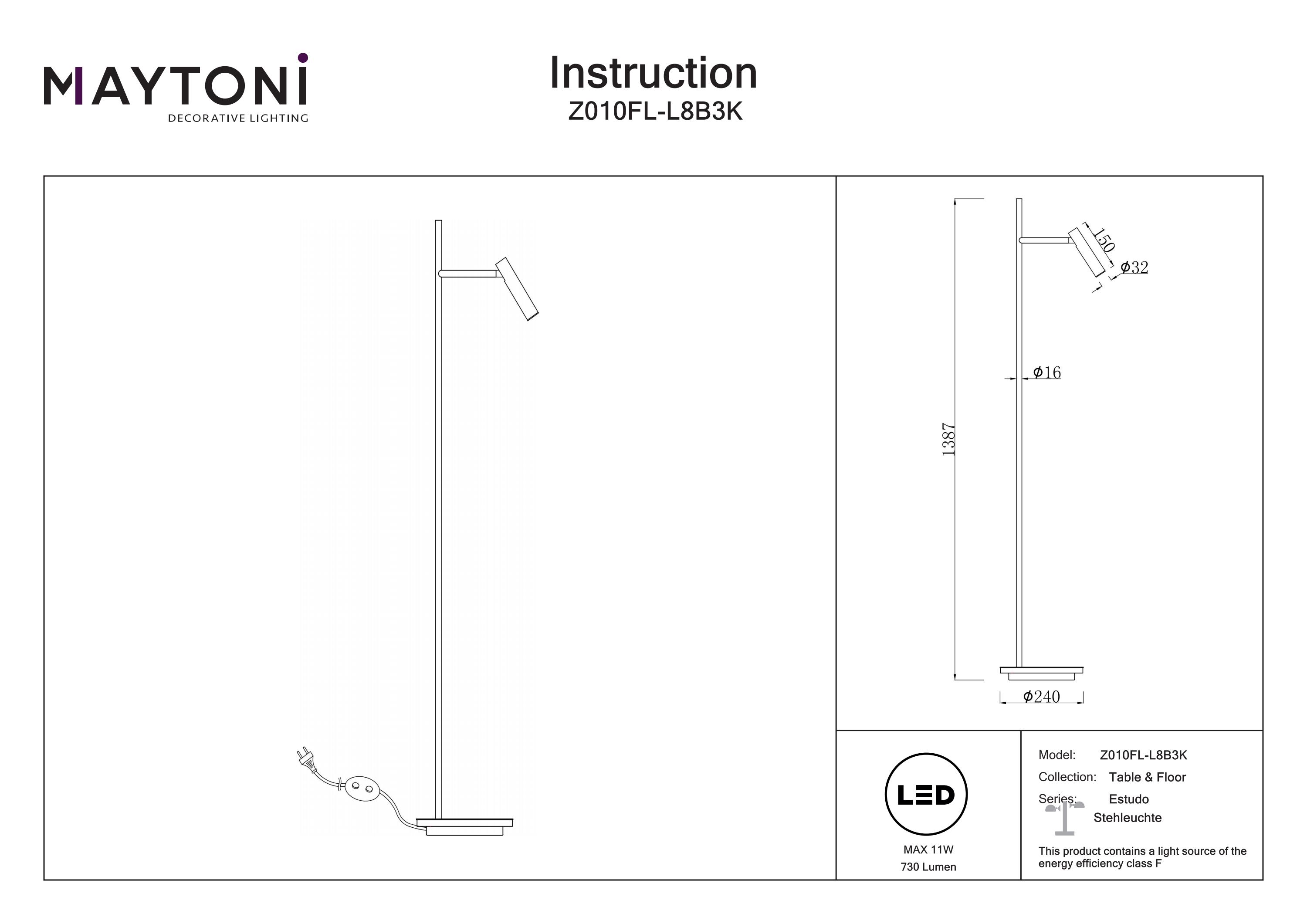 Lampadar Estudo, Metal Negru, 11W, MAYTONI Z010FL-L8B3K [7]