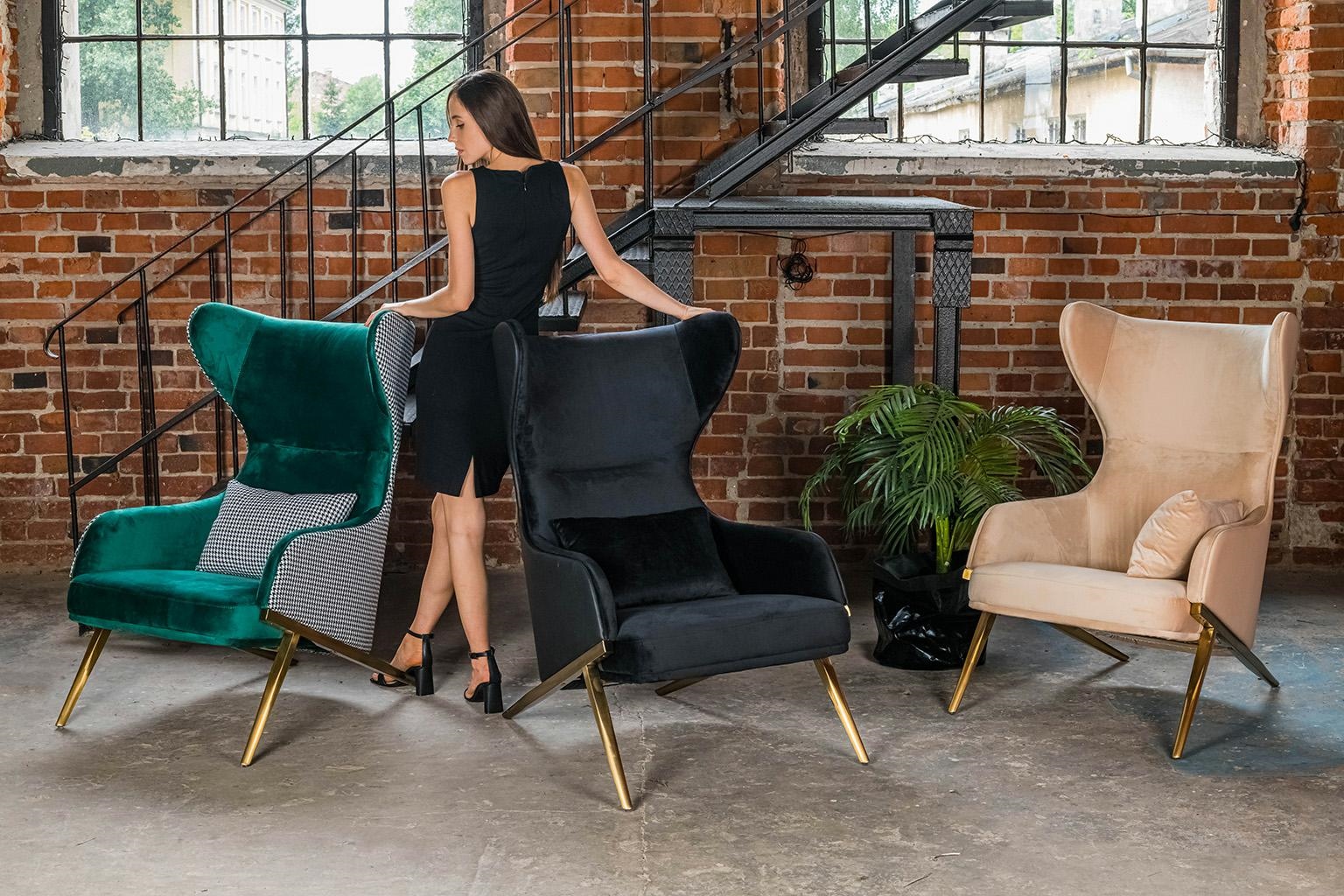 Fotoliu Hampton Velvet 71x90x110 cm, Piele Ecologică Negru Auriu - King Home [12]