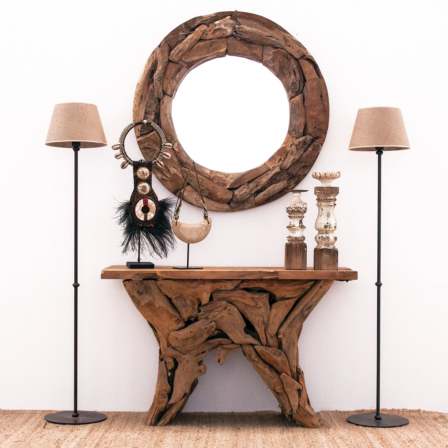 Oglinda Decorativa din Lemn de Tec si Oglinda, Maro, 100x7x100 cm, Stil Etnic - VicalHome 22555 [12]