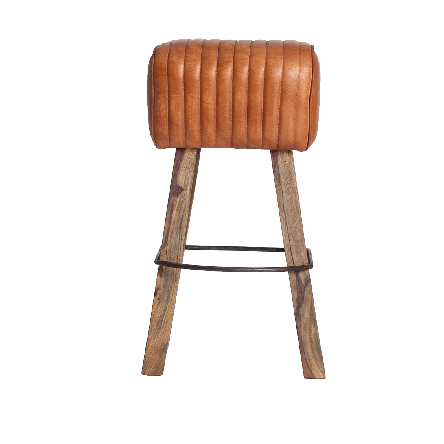 Scaun de Bar din Lemn de Mango Reciclat, Piele si Fier, Maro, 43x34x75 cm, Stil Vintage - VicalHome 28093 [2]