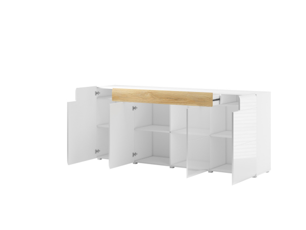 Comoda Vinson MDF alb lucios/stejar, 4 usi+1 sertar, 208x83x39 cm, design modern [2]