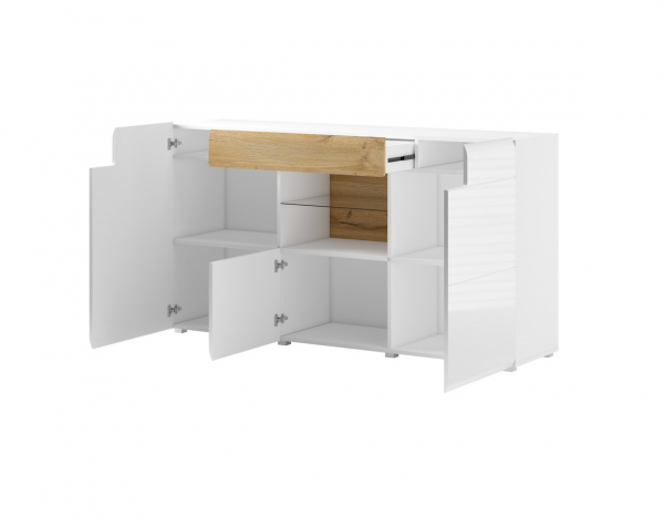Comoda Vinson MDF alb lucios/stejar cu iluminare LED, 3 usi+1 sertar, 159x83x39 cm [2]