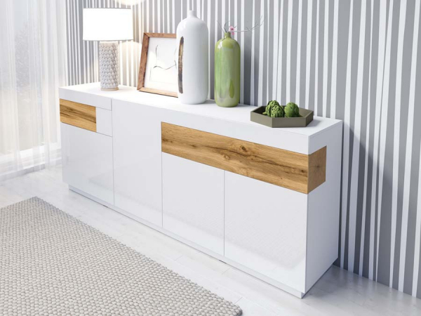 Comoda living alb lucios Arya 220x85 cm, alb/stejar wotan, 4 usi + 2 sertare [2]