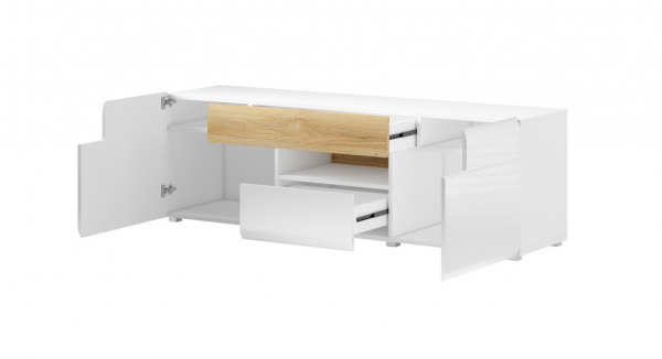 Comoda Tv Vinson cu sertare si usi, MDF alb lucios/stejar, 160 cm, iluminare LED [2]