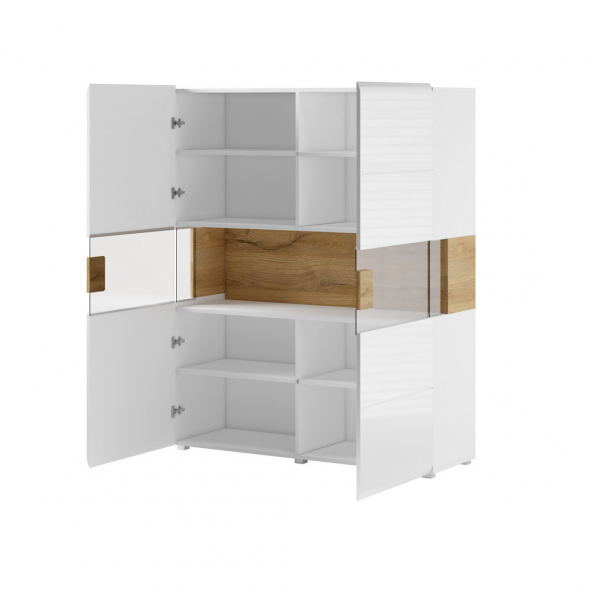 Vitrina living alba Vinson cu sticla, iluminare LED, MDF alb lucios, 2 usi, 122x152x39 cm [2]