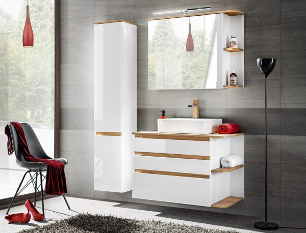 Dulap baie inalt suspendat, MDF lucios alb/stejar, alb Platinum COMAD [3]