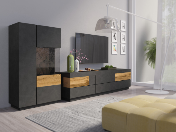 Comoda Tv Arya 210 cm, negru mat/stejar wotan, 6 sertare [3]