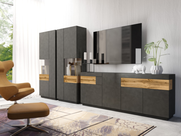Comoda living neagra Arya 150x85 cm, negru mat/stejar wotan, 3 usi + sertar [3]