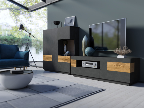Vitrina living neagra Arya 130x140 negru mat/stejar wotan [3]